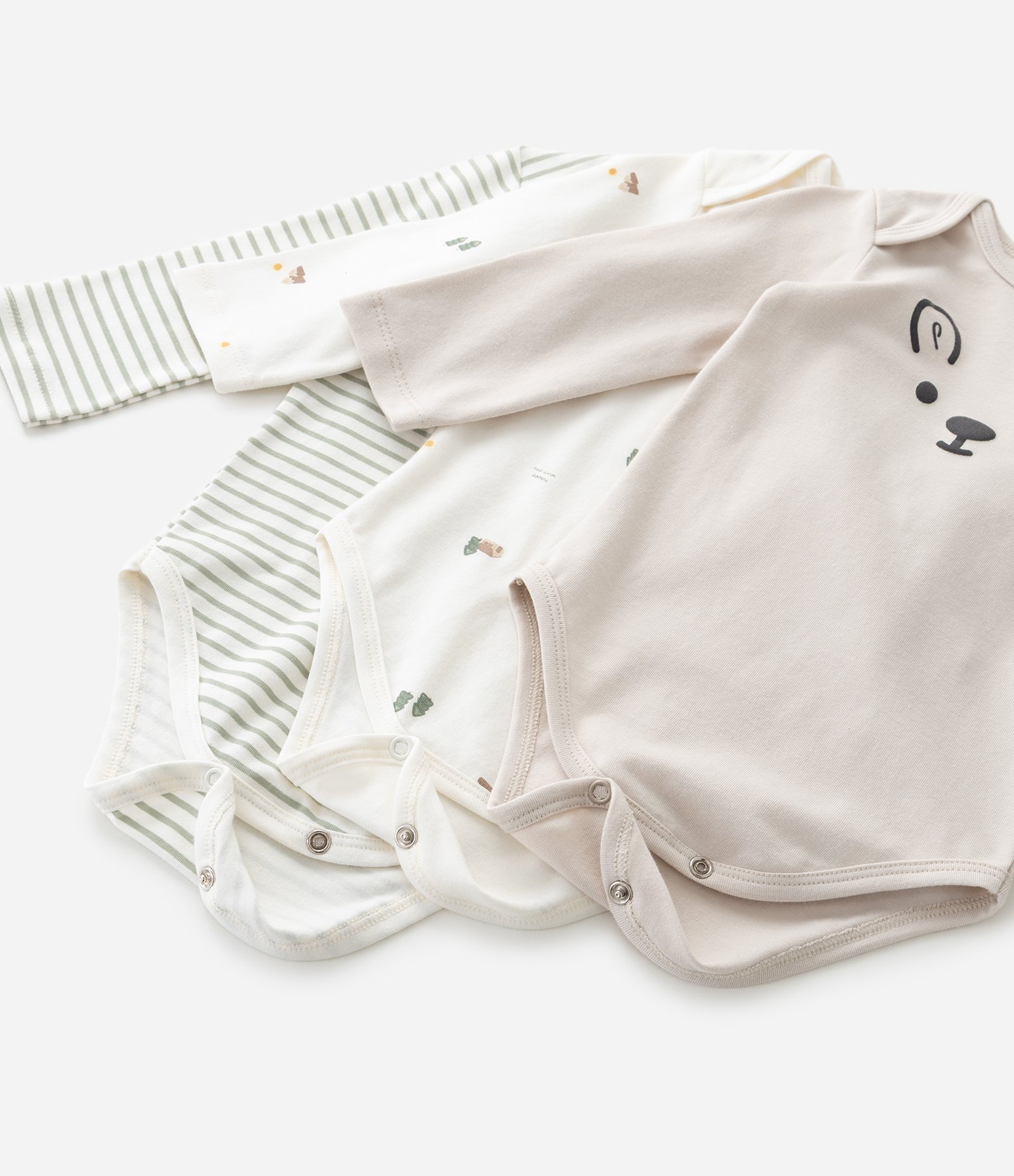 Kit 03 Bodies Infantis em Algodão com Estampas Variadas – Tam 0 a 18 Meses Bege/Branco/Verde 5