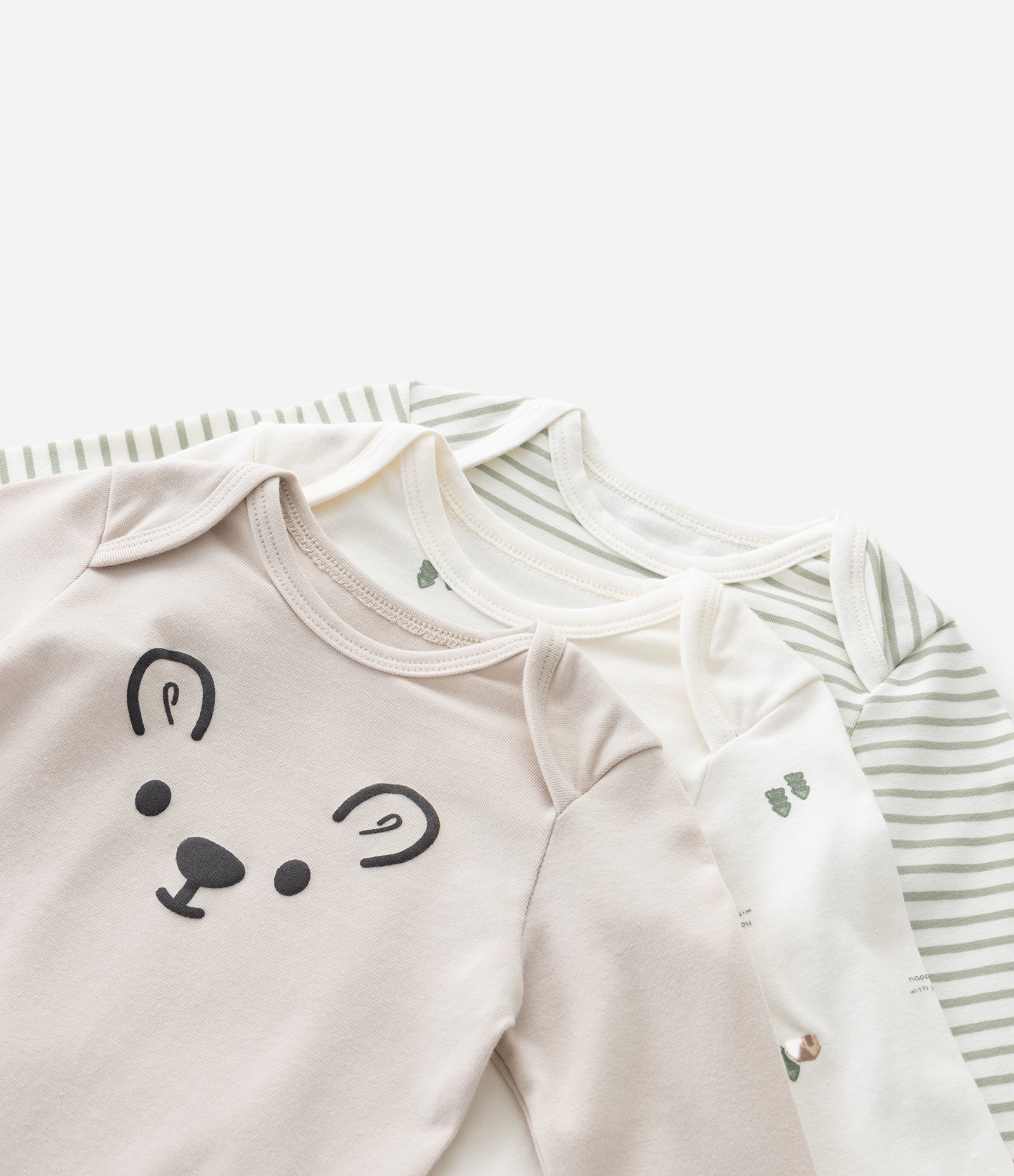 Kit 03 Bodies Infantis em Algodão com Estampas Variadas – Tam 0 a 18 Meses Bege/Branco/Verde 6