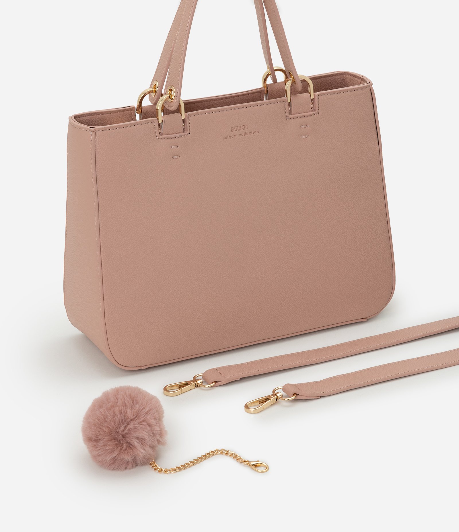 Bolsa Transversal Média em PU com Pingente Pompom Nude 8