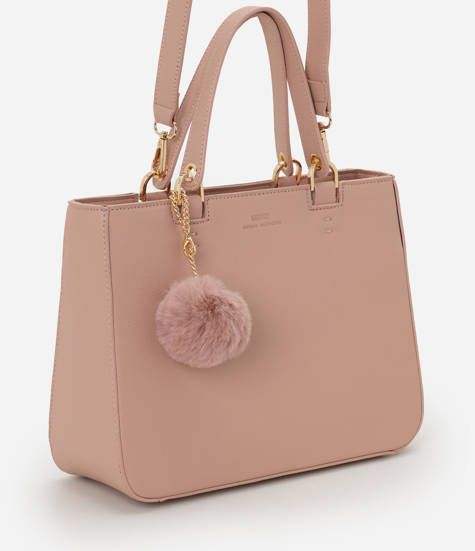 Bolsa Transversal Média em PU com Pingente Pompom Nude 1