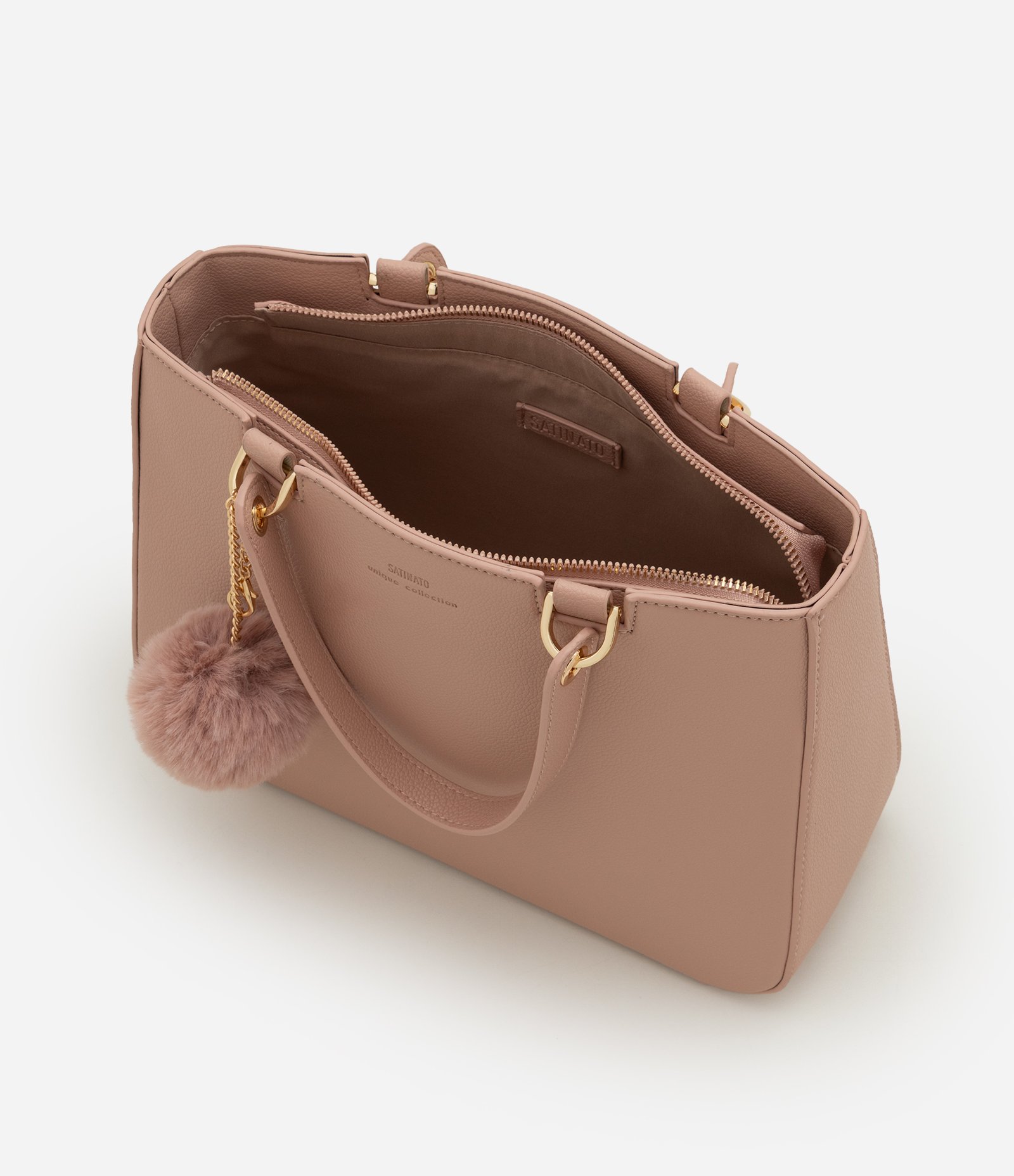 Bolsa Transversal Média em PU com Pingente Pompom Nude 6
