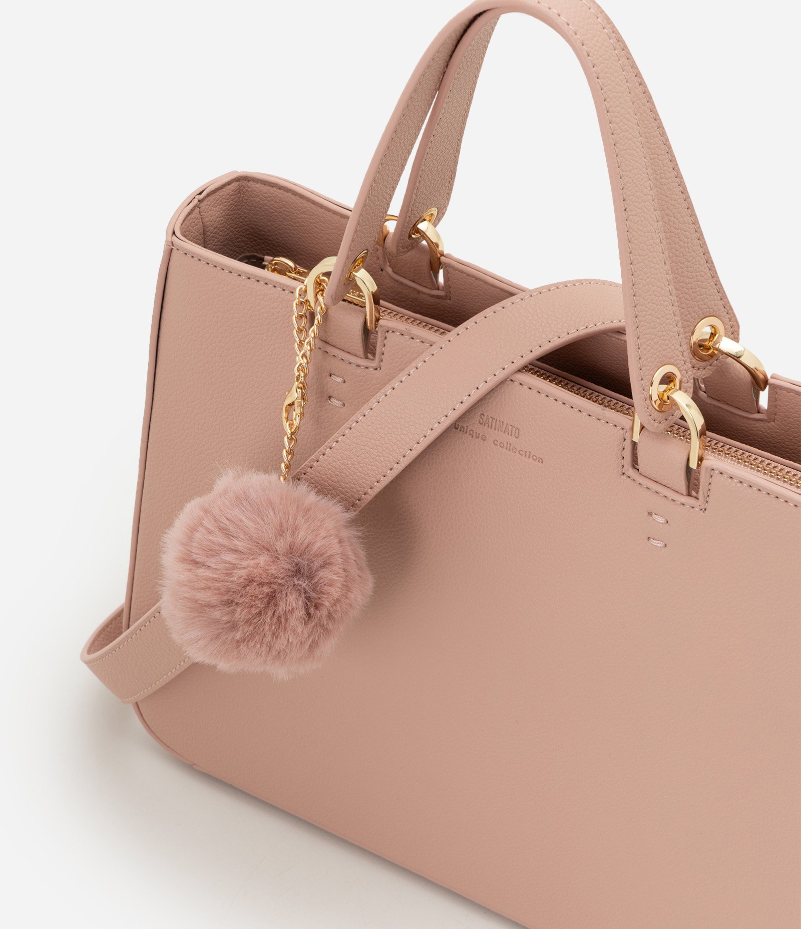Bolsa Transversal Média em PU com Pingente Pompom Nude 7