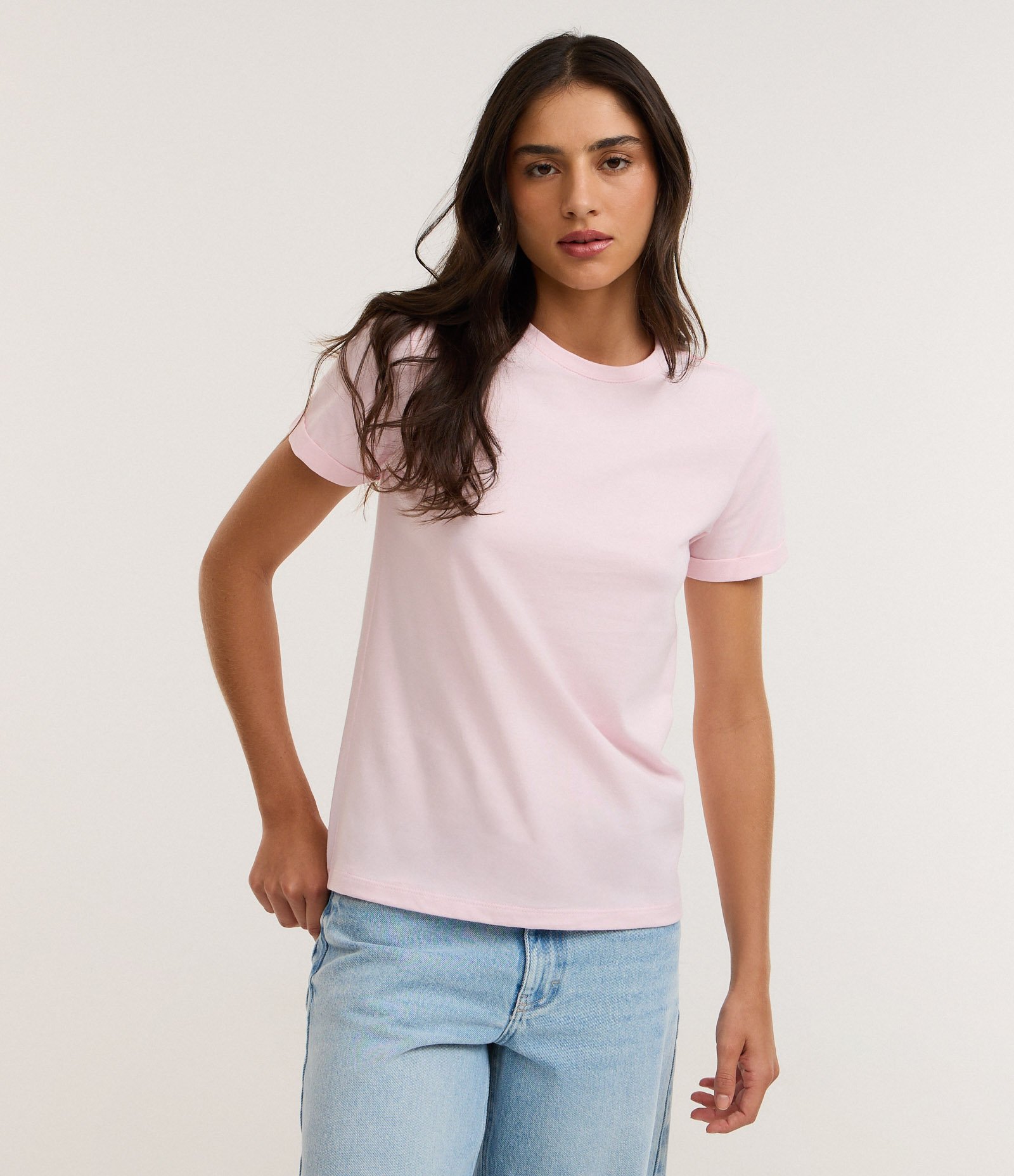 Camiseta Regular em Algodão com Manga Dobrada Rosa 1
