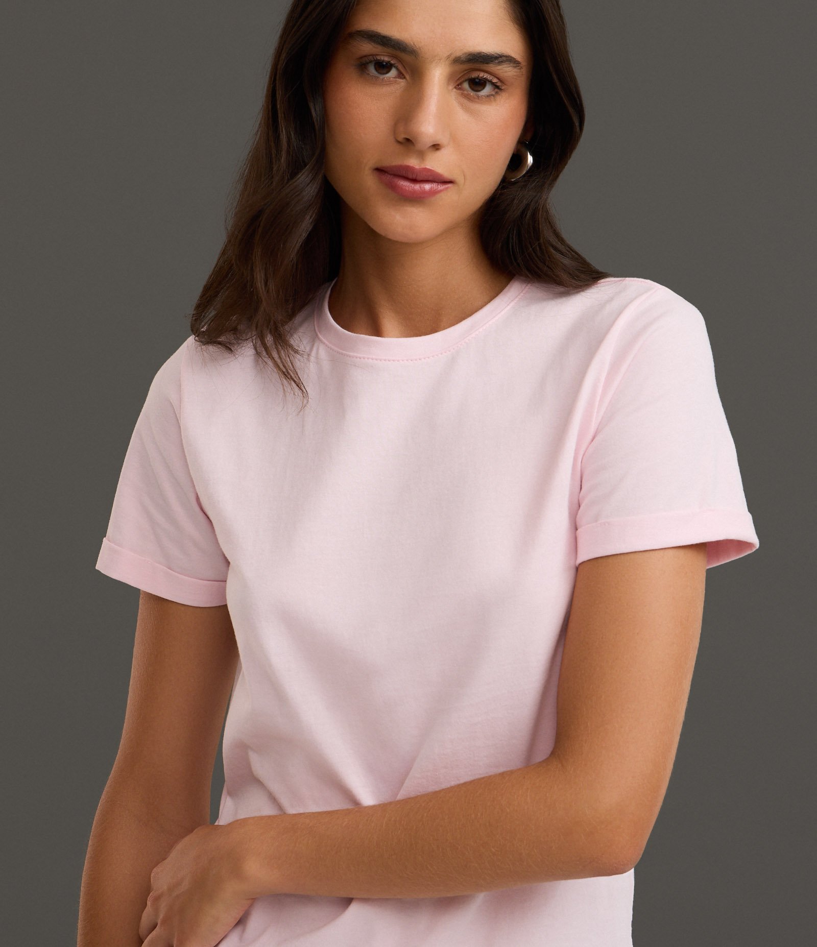 Camiseta Regular em Algodão com Manga Dobrada Rosa 3
