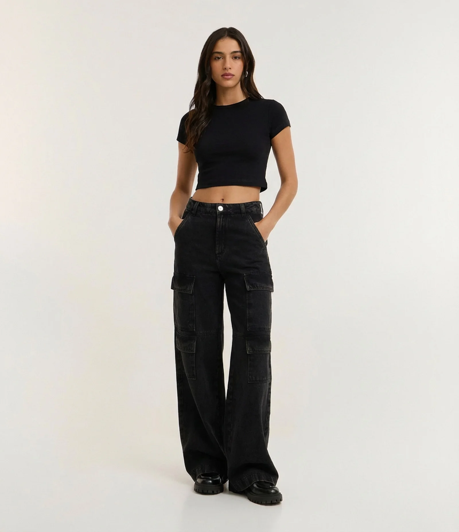 Blusa Baby Tee em Algodão com Cava Deslocada Preto 1