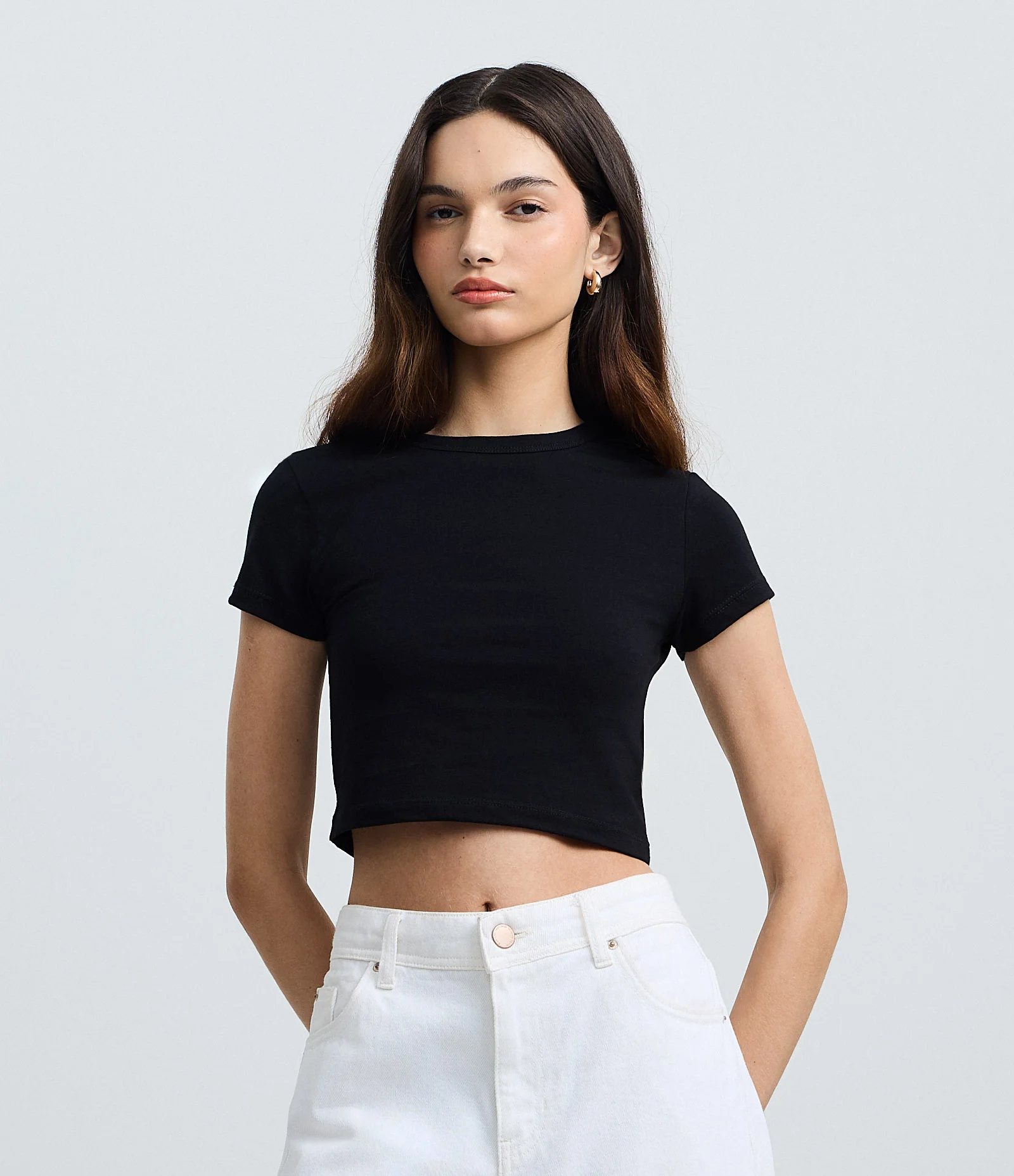 Blusa Baby Tee em Algodão com Cava Deslocada Preto 2