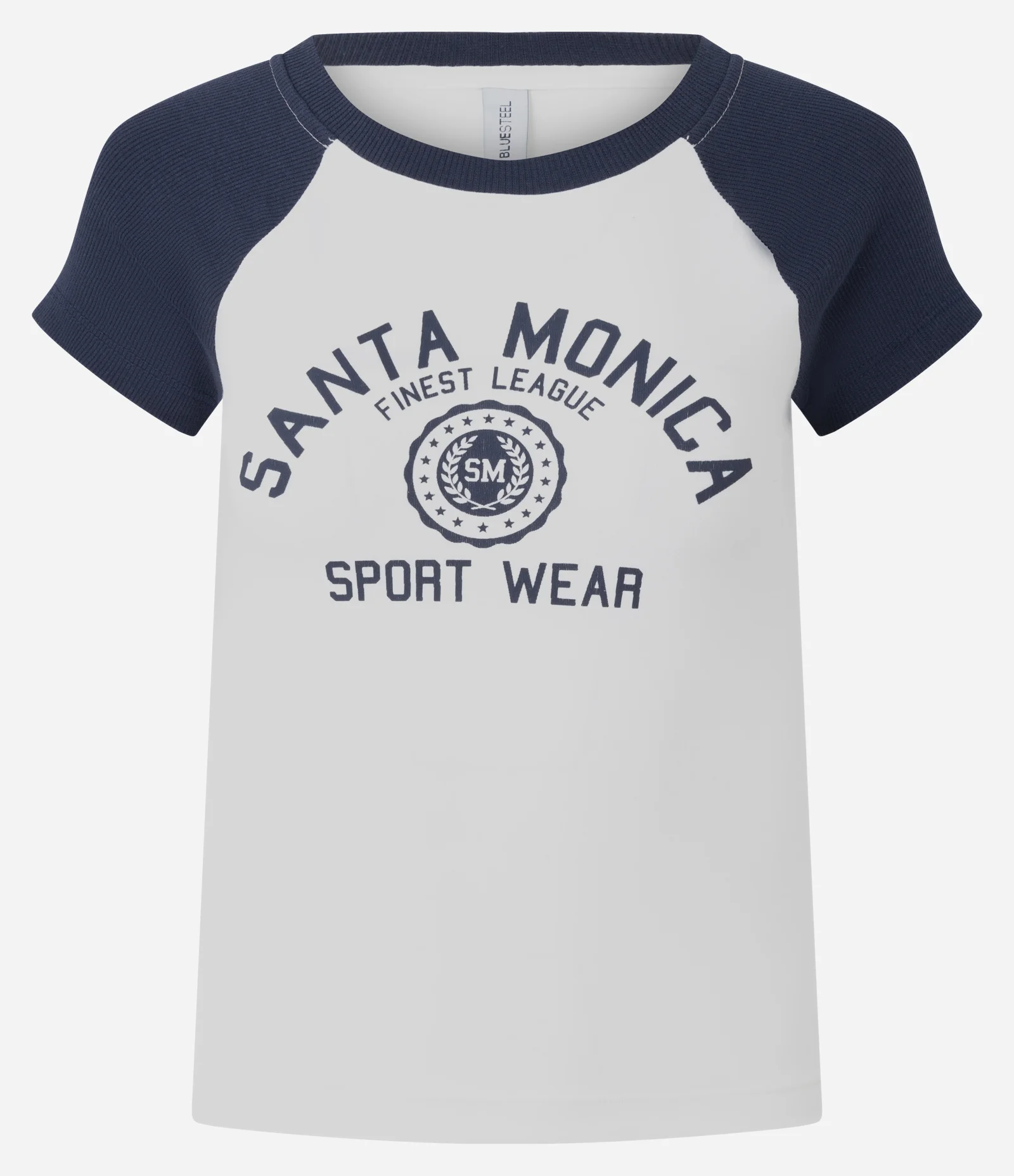 Camiseta College com Manga Contrastante e Estampa Santa Monica Branco 1
