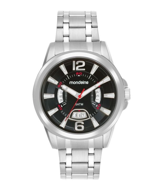 Relógio Aço Masculino Analógico Com Calendário Com Caixa Em Metal Cromado E Pulseira Em Aço Mondaine