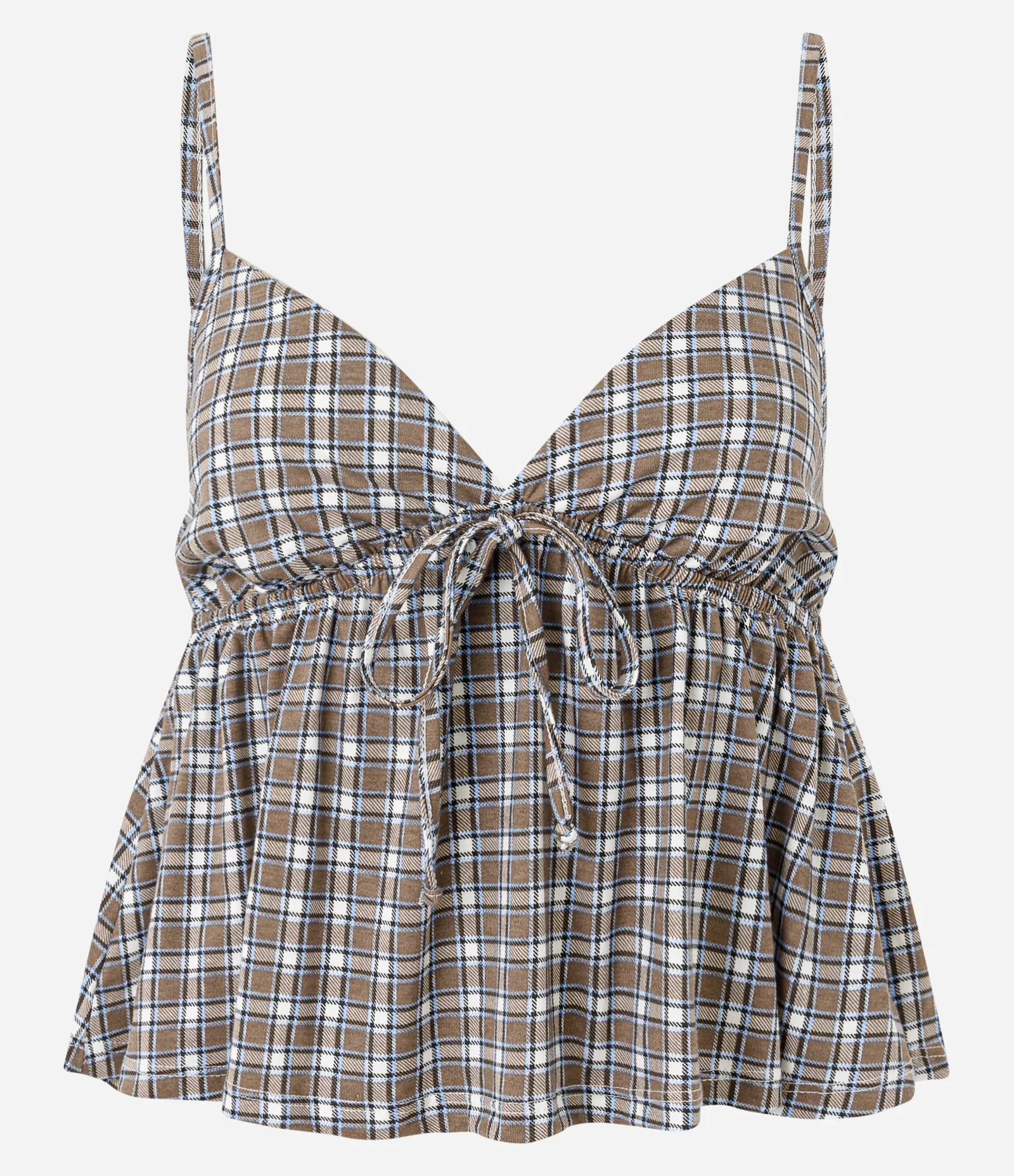 Blusa Xadrez de Alcinha em Algodão com Decote V Marrom 1