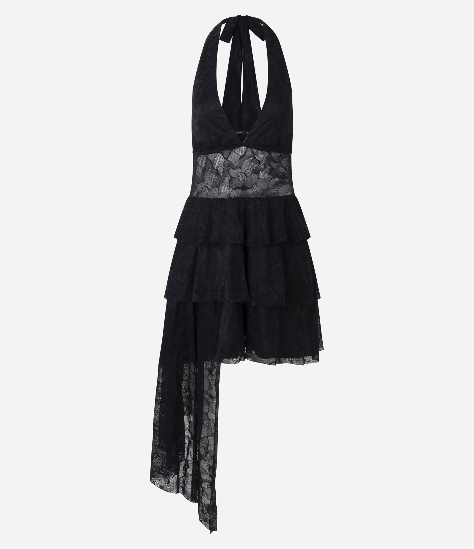 Vestido Evasê Frente Única em Renda com Decote V e Barra Assimétrica Preto 1