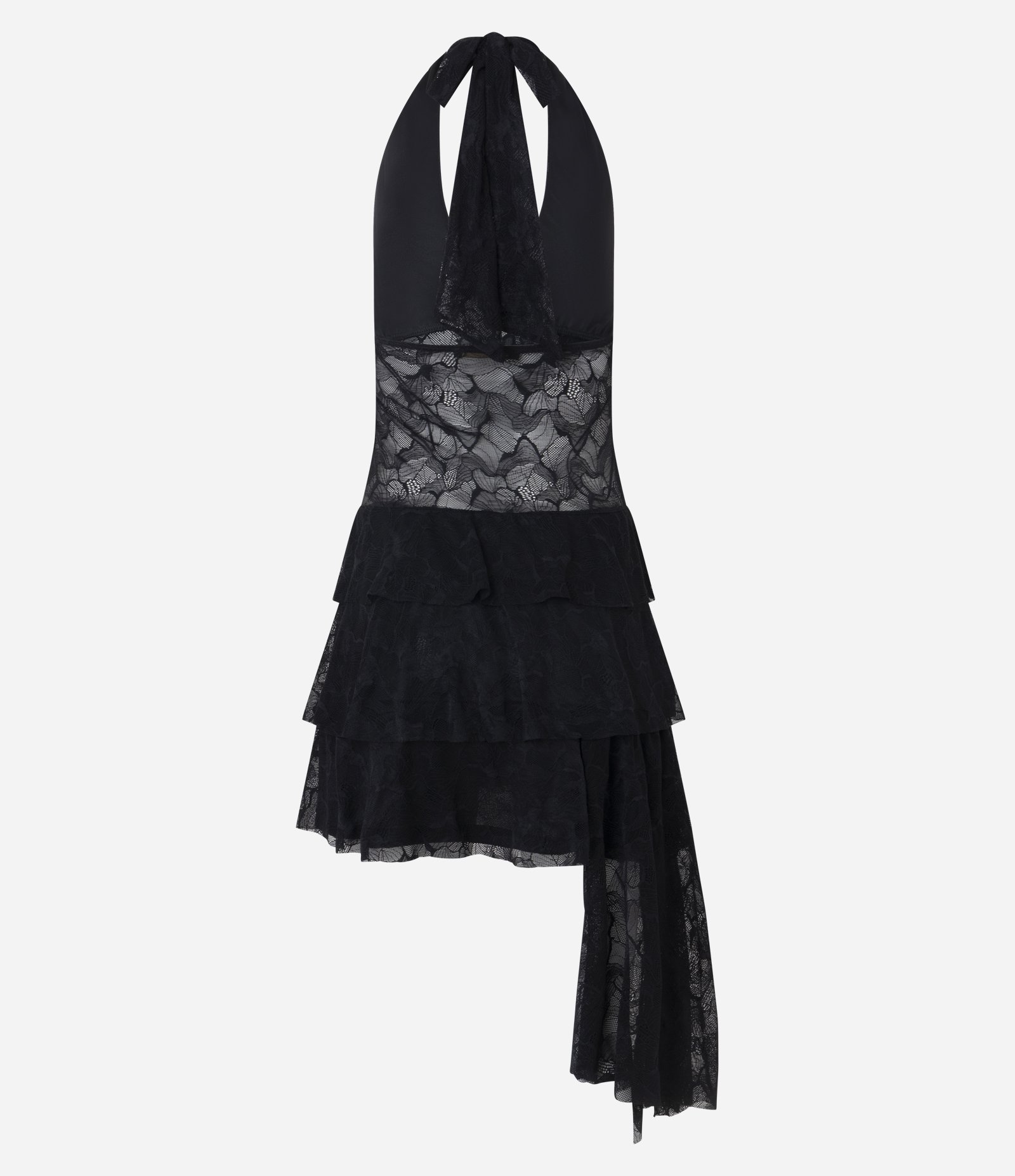 Vestido Evasê Frente Única em Renda com Decote V e Barra Assimétrica Preto 4