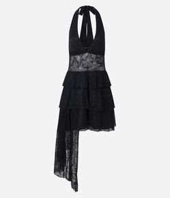 Vestido Evasê Frente Única em Renda com Decote V e Barra Assimétrica