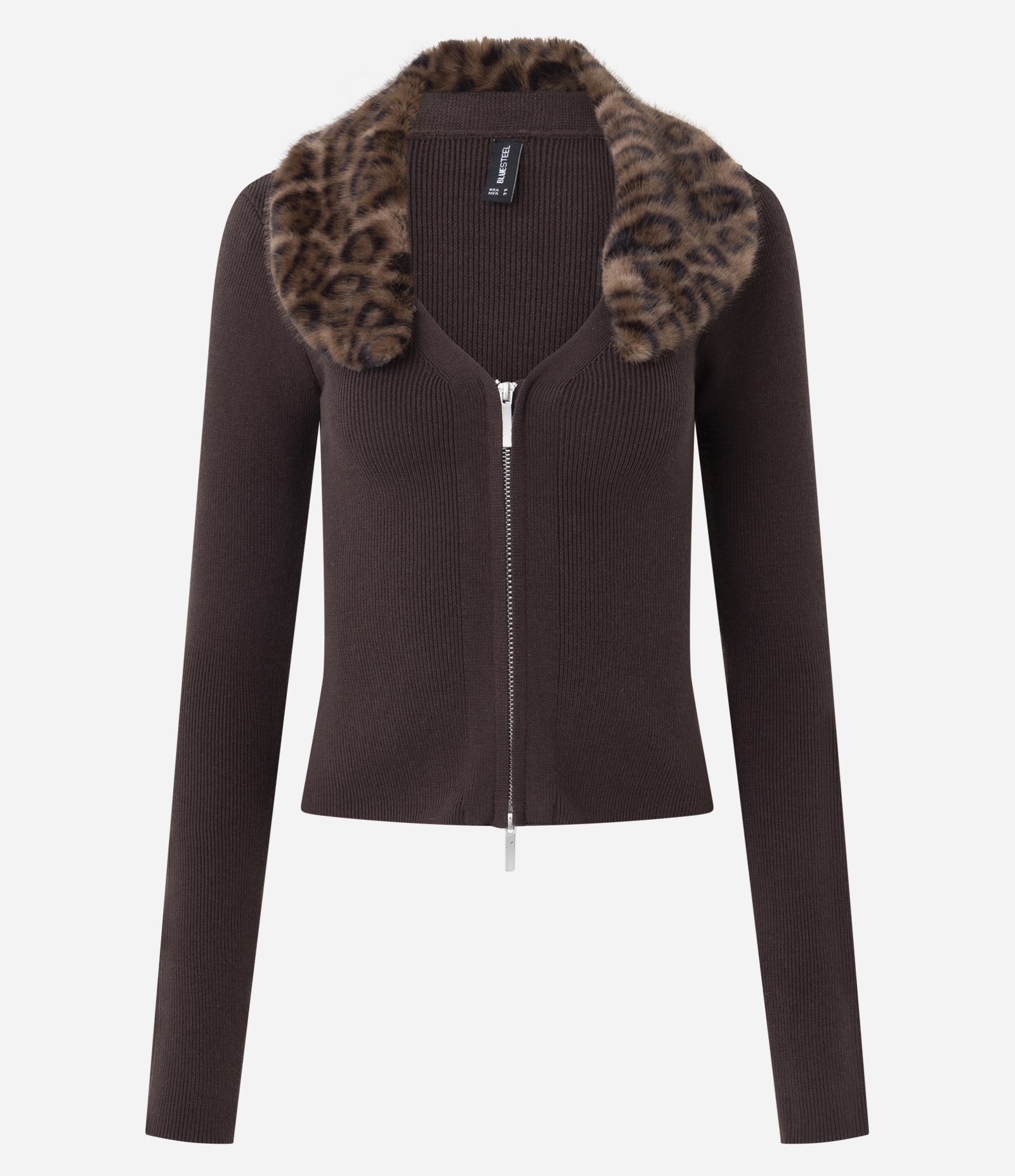 Cardigan em Tricô com Gola Animal Print Removível e Zíper Marrom 5