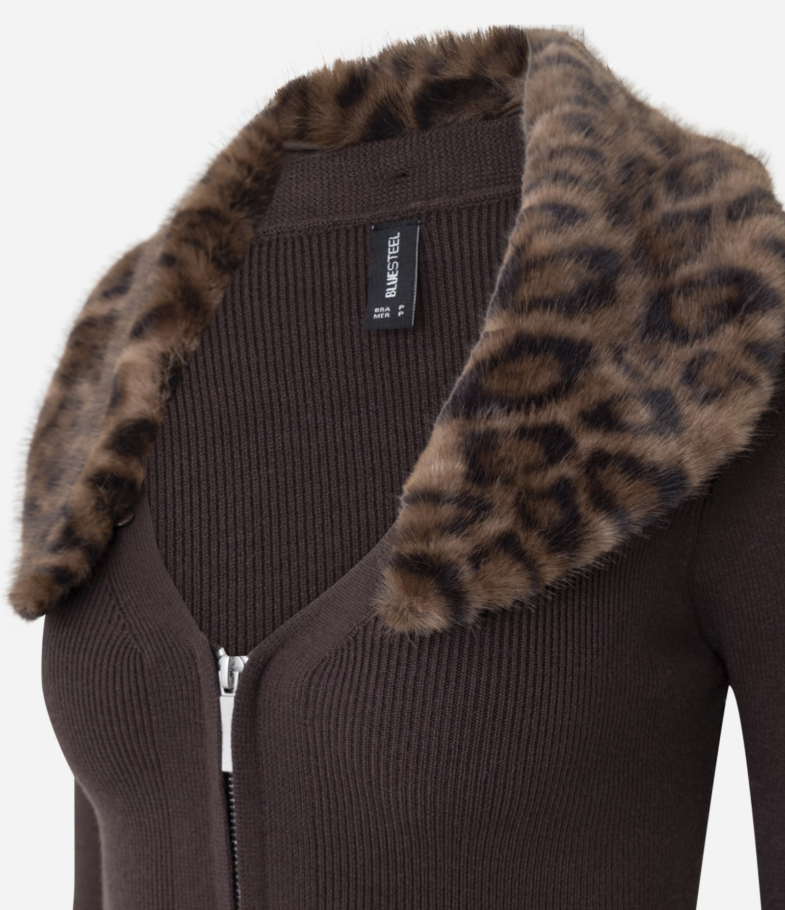 Cardigan em Tricô com Gola Animal Print Removível e Zíper Marrom 6