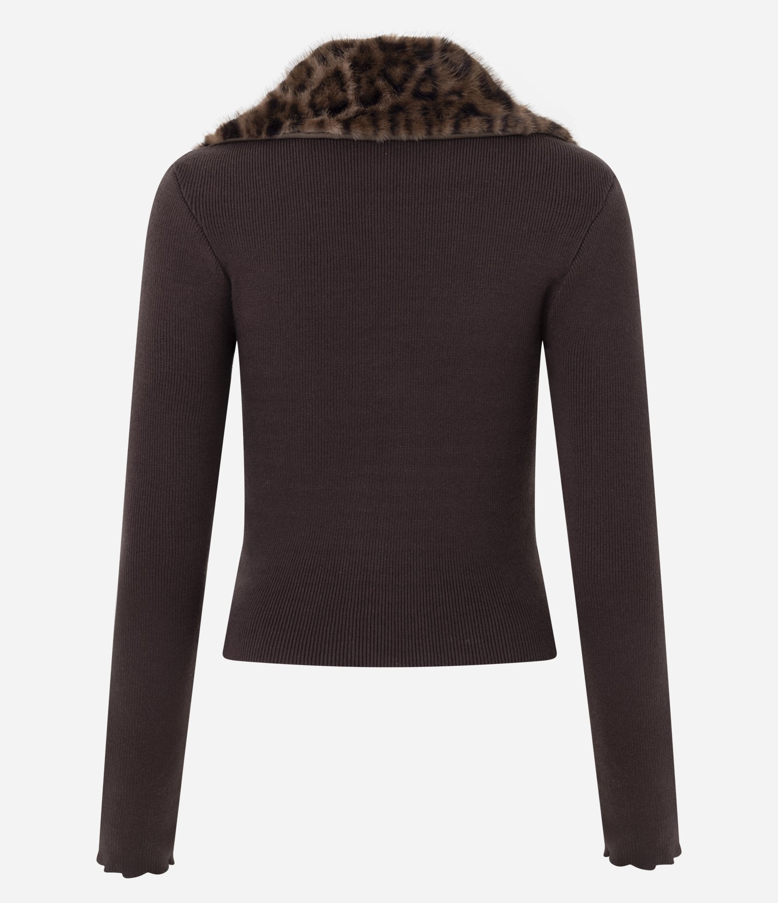 Cardigan em Tricô com Gola Animal Print Removível e Zíper Marrom 9