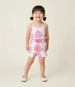 Short Infantil Canelado com Estampa de Morangos – Tam 1 a 6 Anos