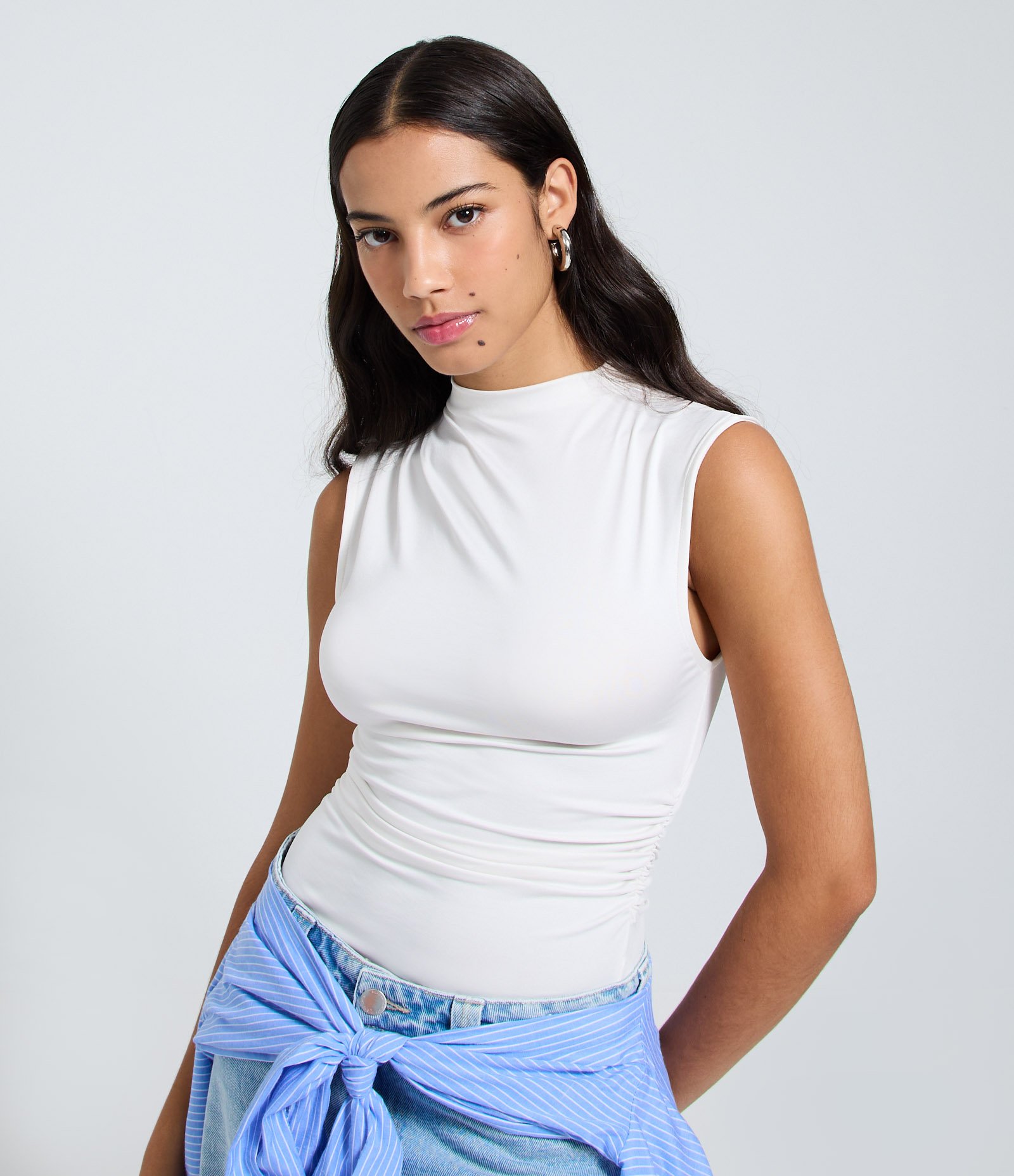 Blusa sem Manga em Jersey com Drapeados Laterais Branco 3
