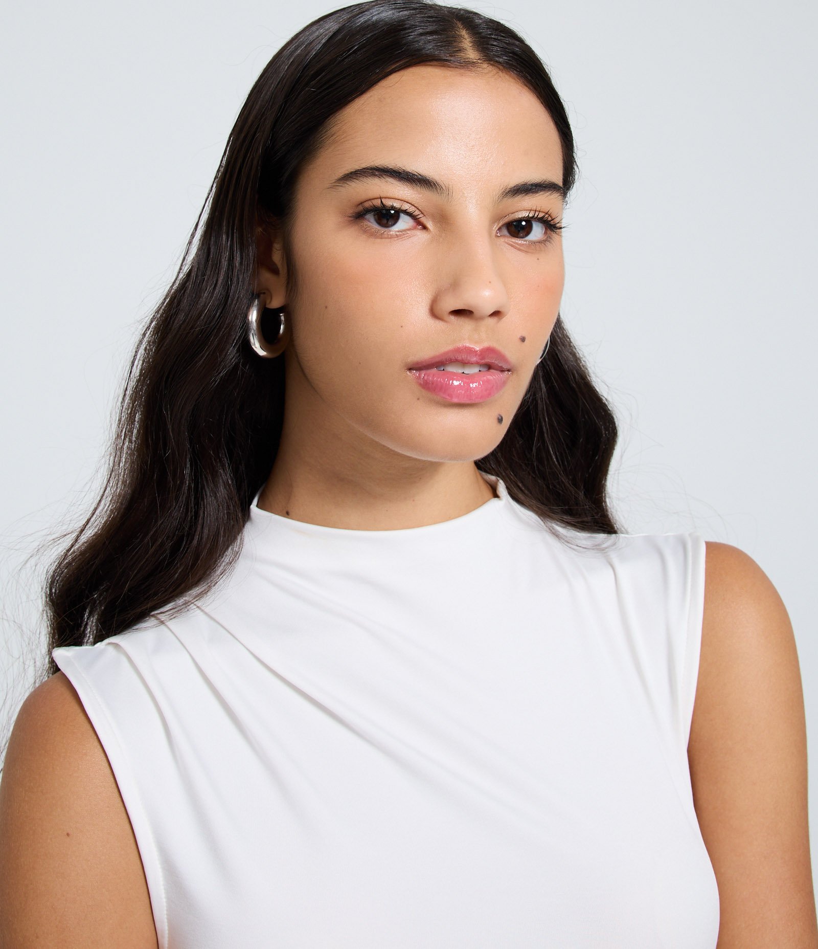 Blusa sem Manga em Jersey com Drapeados Laterais Branco 4