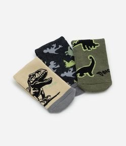 Kit 03 Meias Infantis com Estampa de Dinossauros – Tam 19 a 34