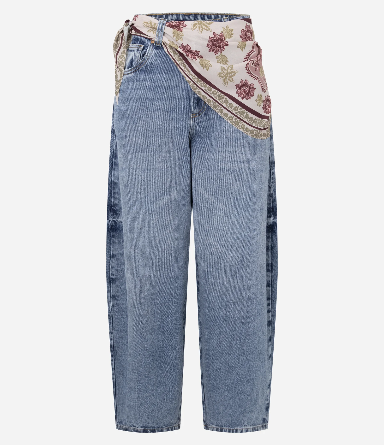 Calça Barrel em Jeans com Lenço Boho e Cintura Média Azul 2