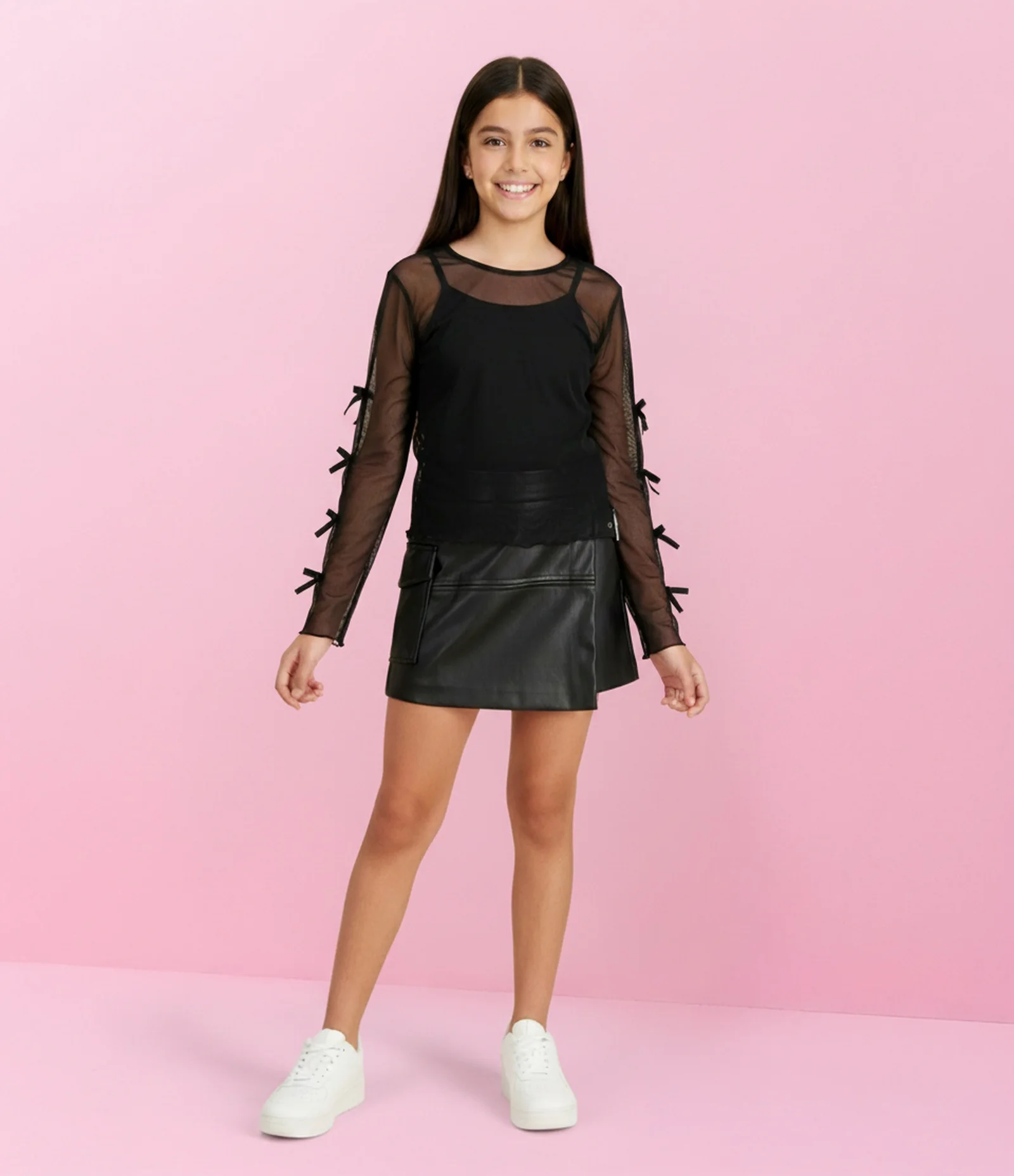 Blusa Infantil Baby Look com Laços nas Mangas e Top Interno – Tam 5 a 14 Anos Preto 1