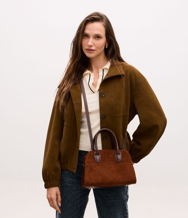 Bolsa Satchel Pequena em Suede Texturizado