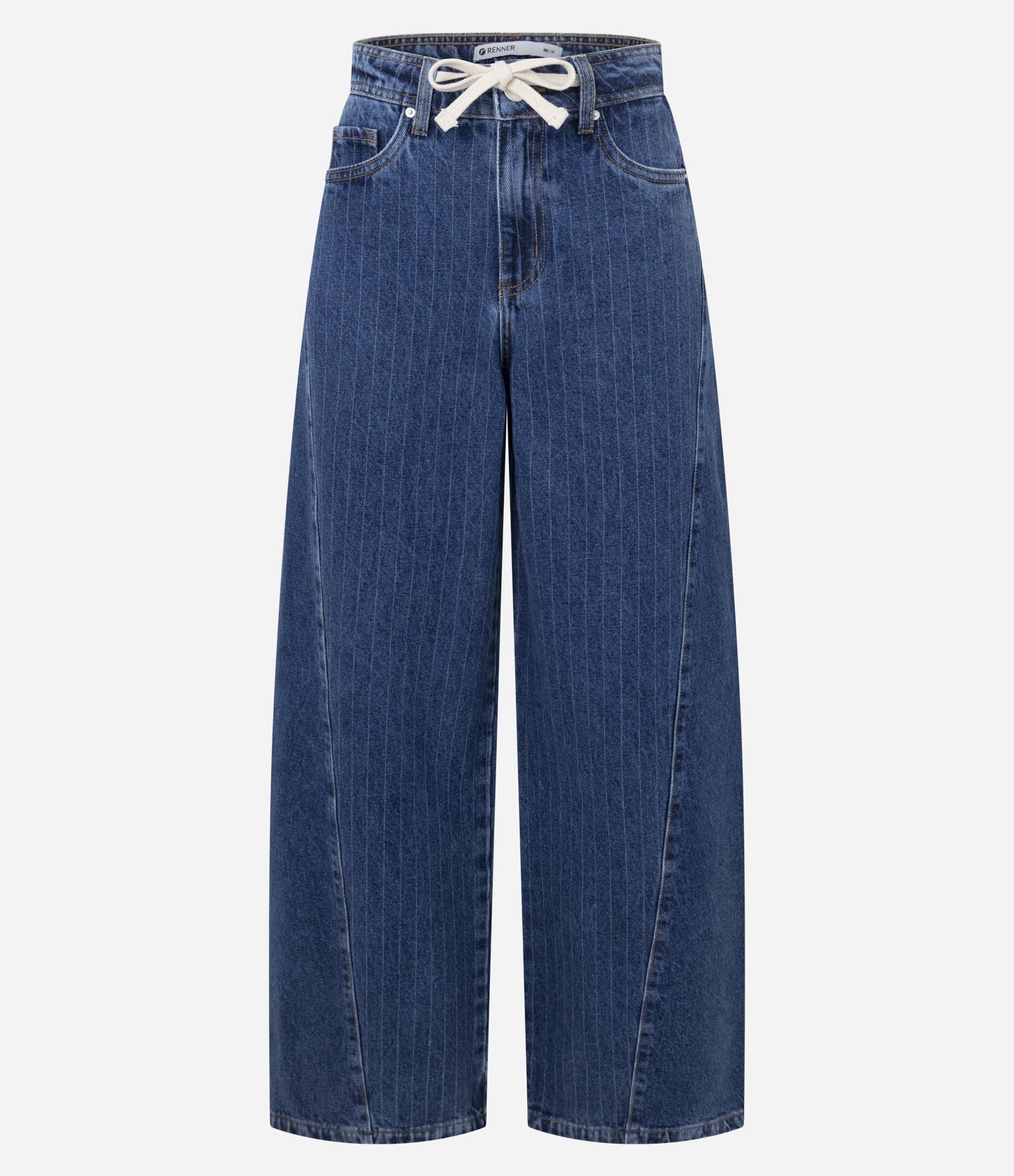 Calça  Wide Leg em Jeans com Risca de Giz e Cintura Baixa Azul Escuro 5