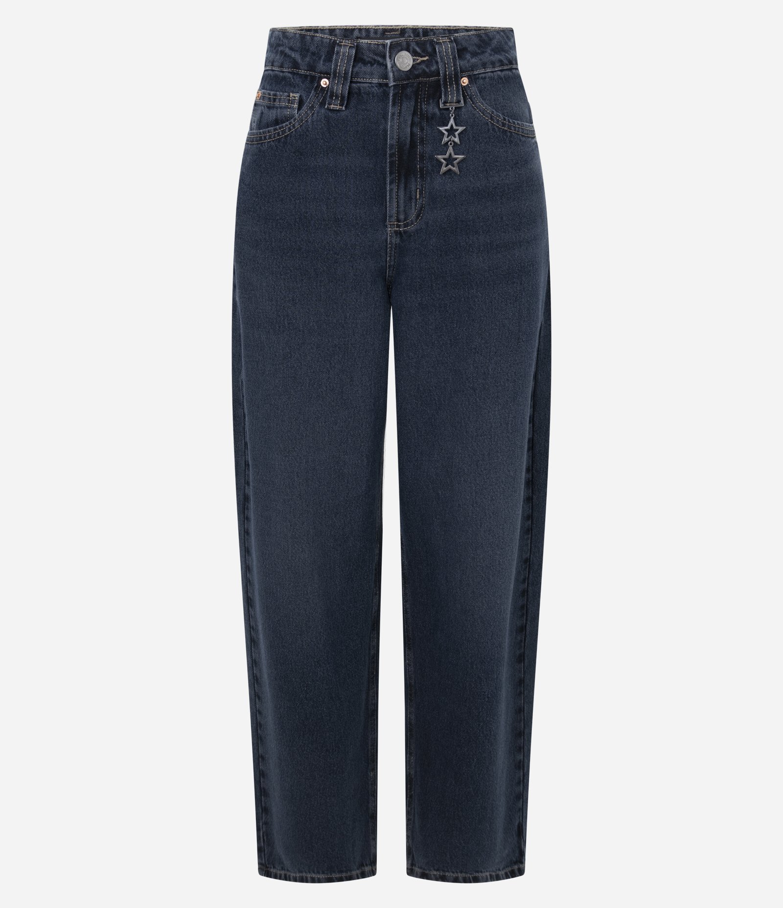Calça Baggy em Jeans com Cintura Média e Pingente Removível Azul Escuro 5