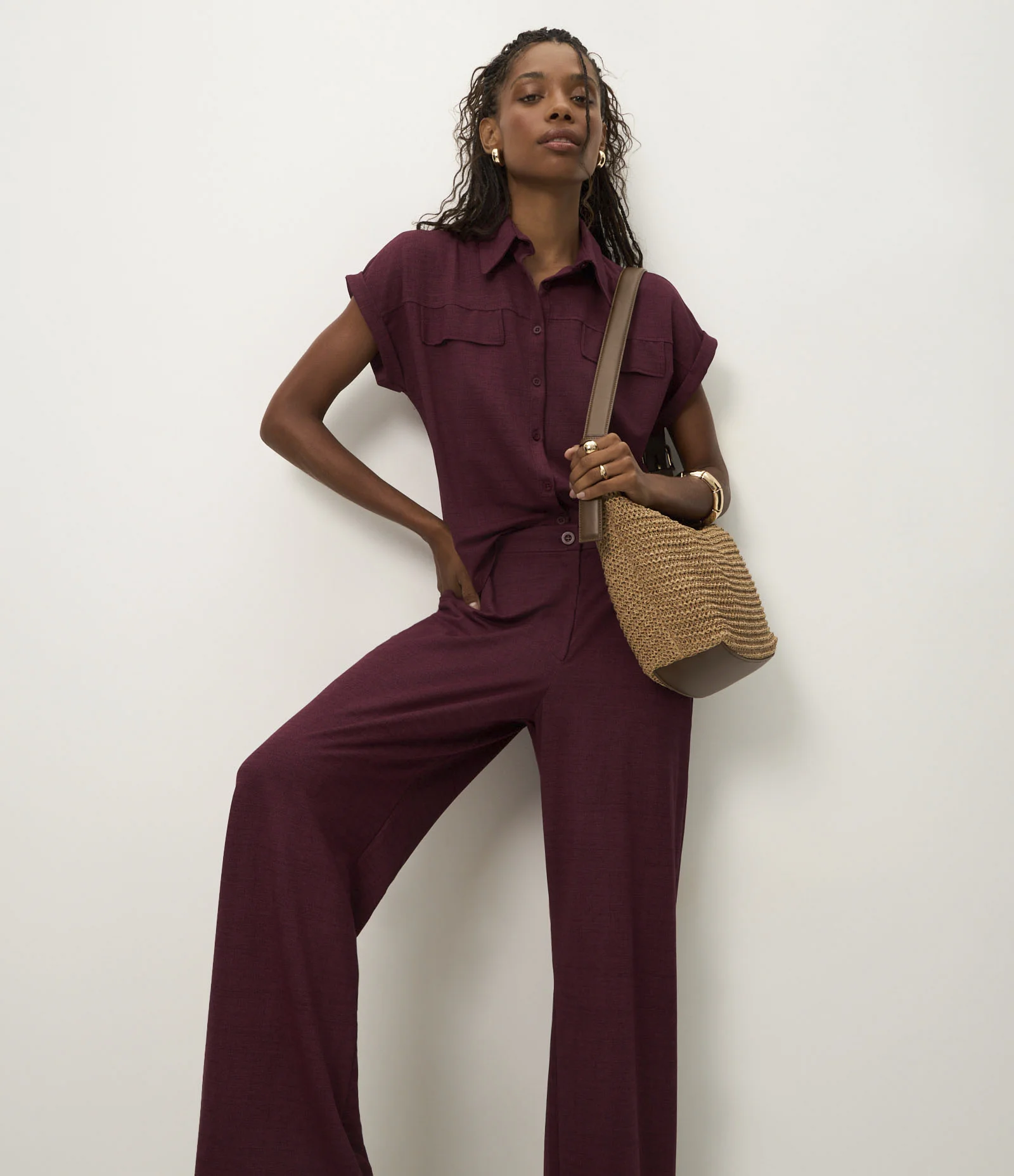 Calça em Orly com Fundo Mescla e Elástico no Cós Bordô 2