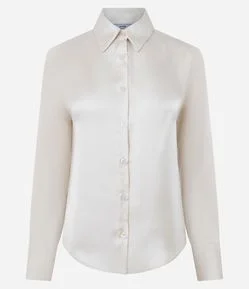 Camisa Manga Longa em Cetim com Barra Arredondada