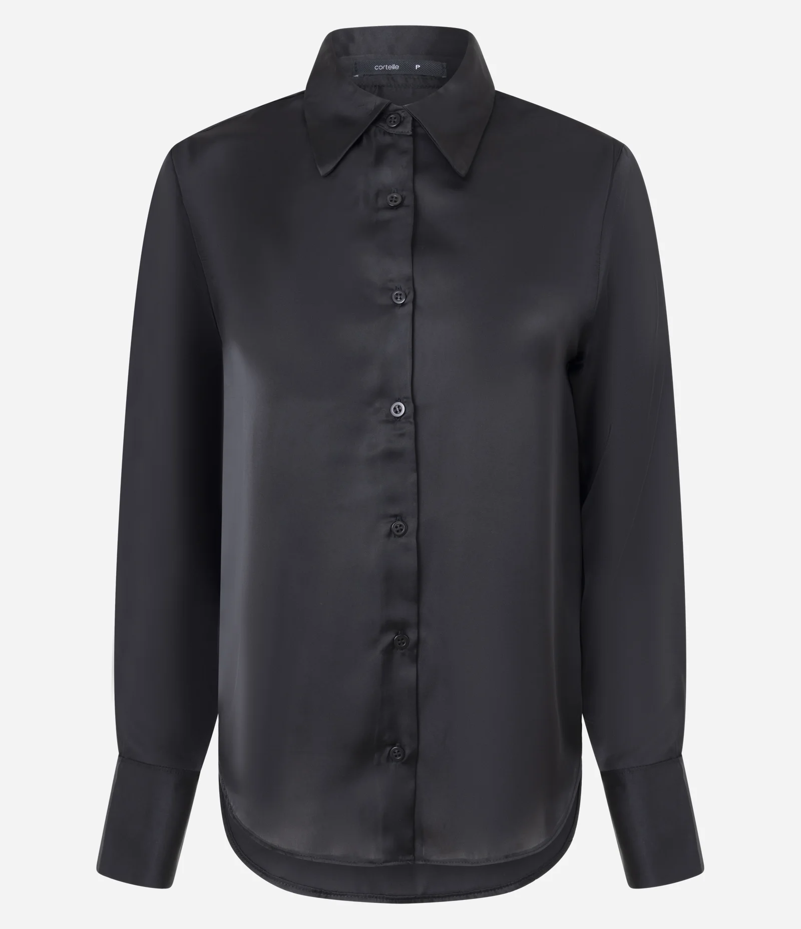 Camisa Manga Longa em Cetim com Barra Arredondada Preto 1