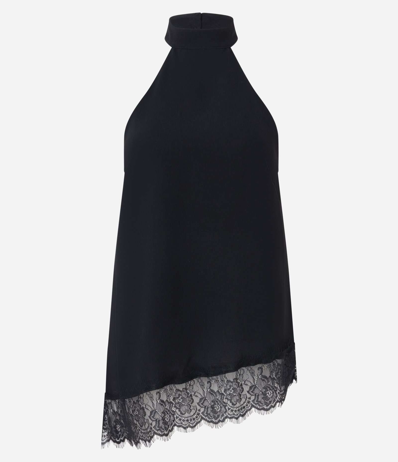 Blusa Halter com Barra Assimétrica Rendada Preto 5