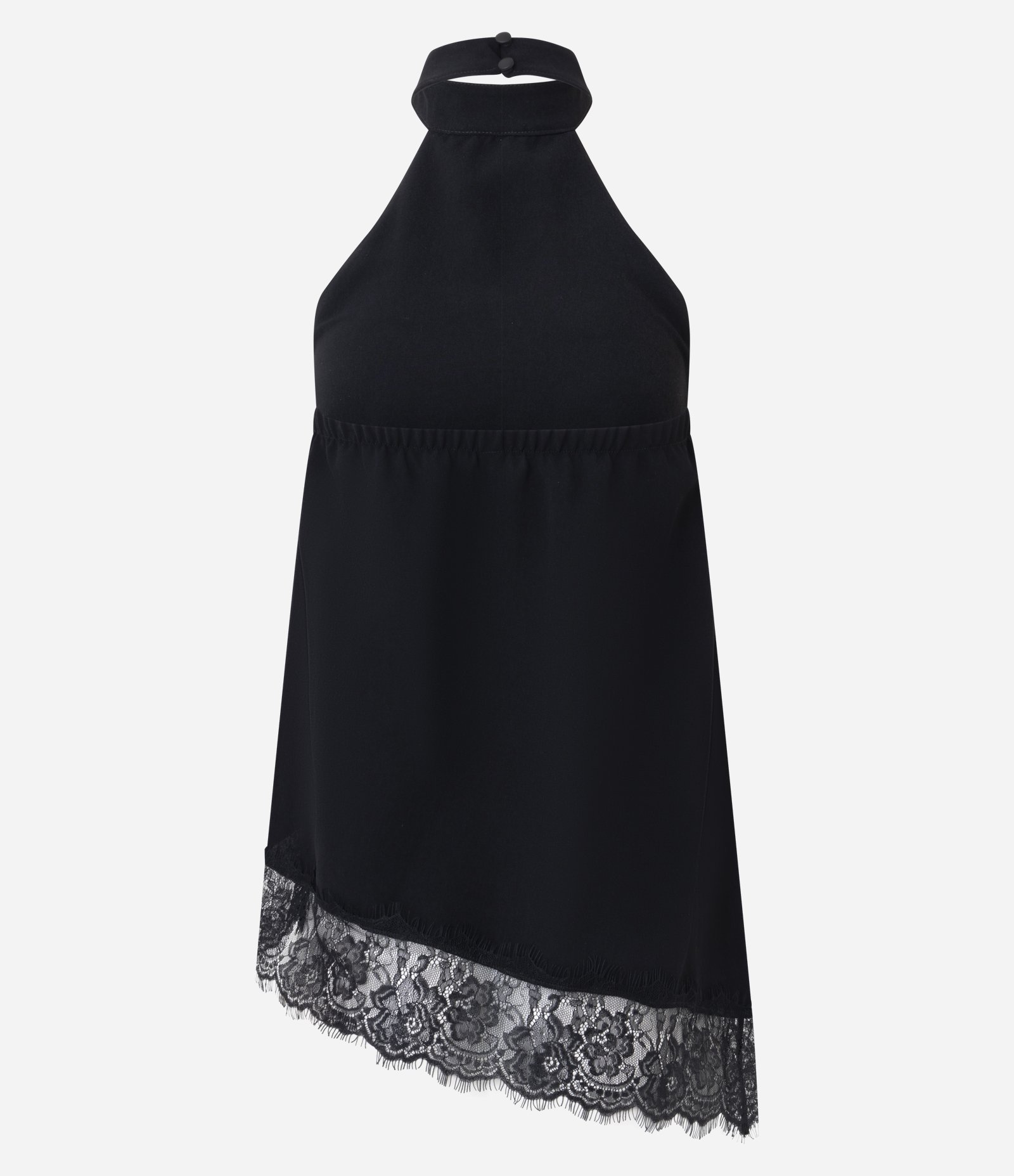 Blusa Halter com Barra Assimétrica Rendada Preto 6