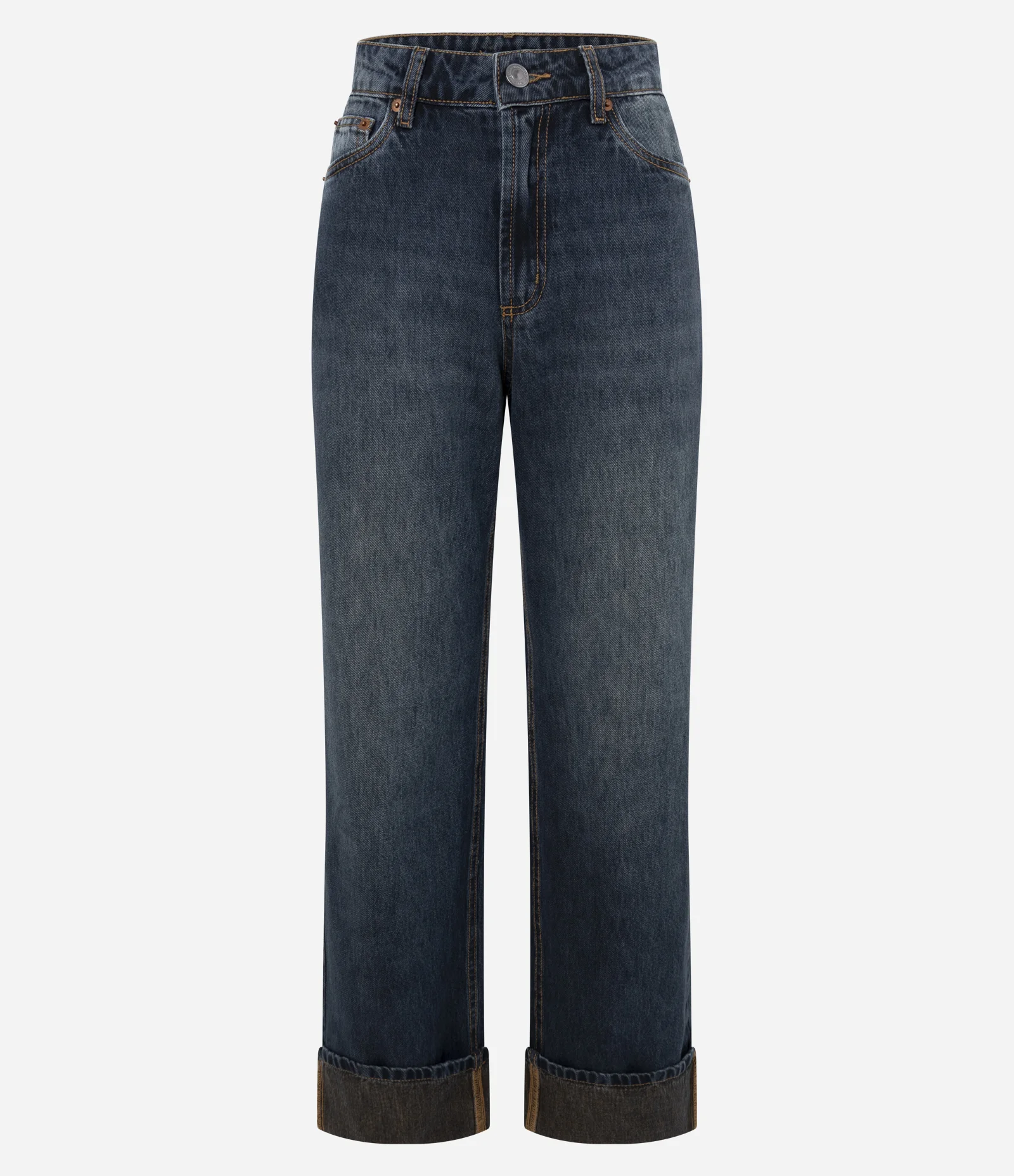 Calça Jeans Reta Comfort com Cintura Alta e Barra Dobrada Azul Escuro 1