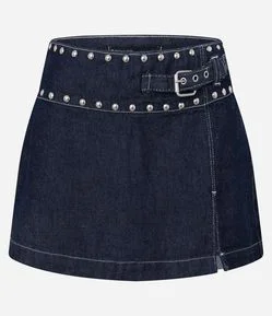 Short Saia em Jeans com Tachas e Cintura Baixa