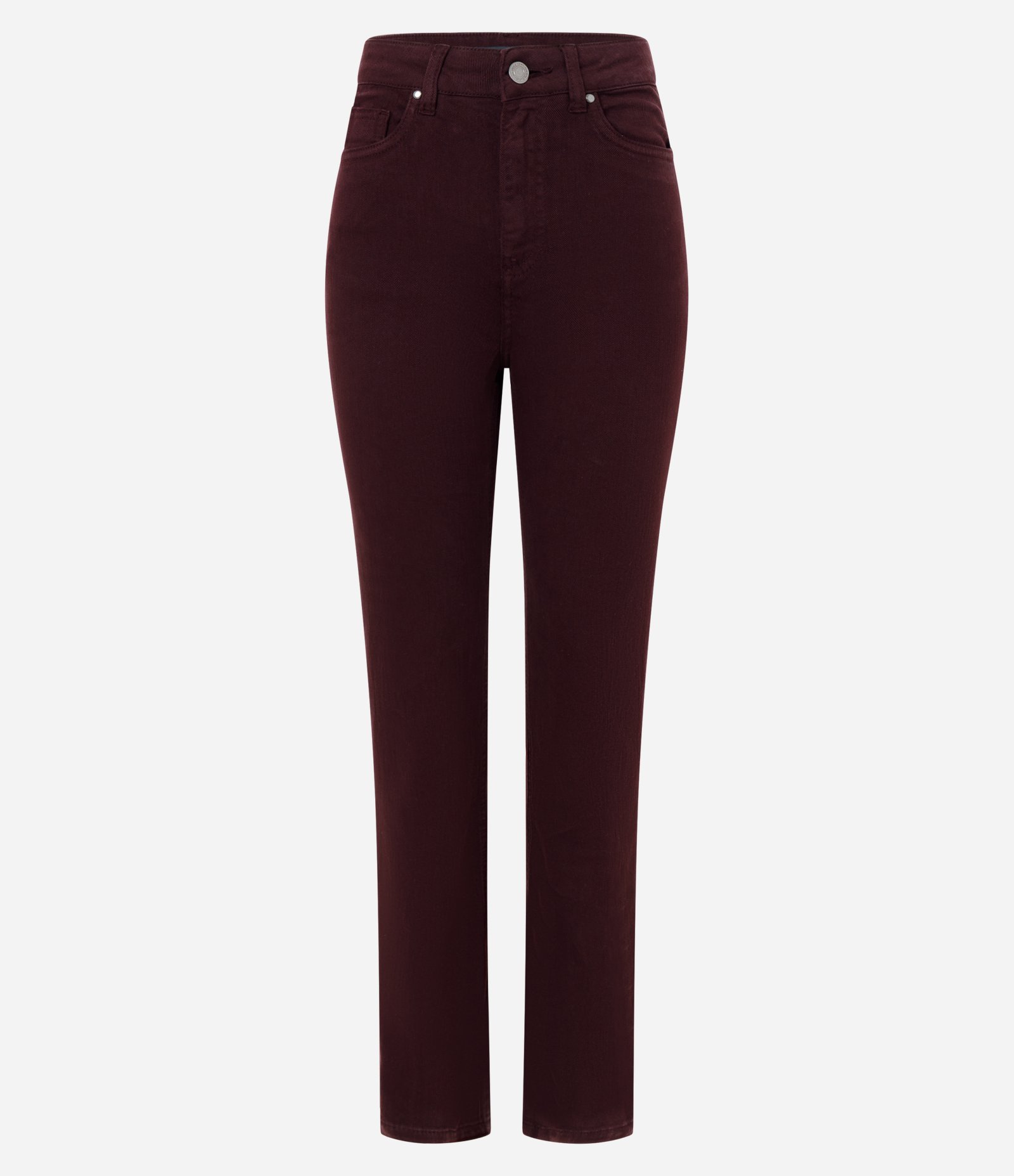 Calça Slim Cintura Média em Jeans com Elastano e Fenda Bordô 5