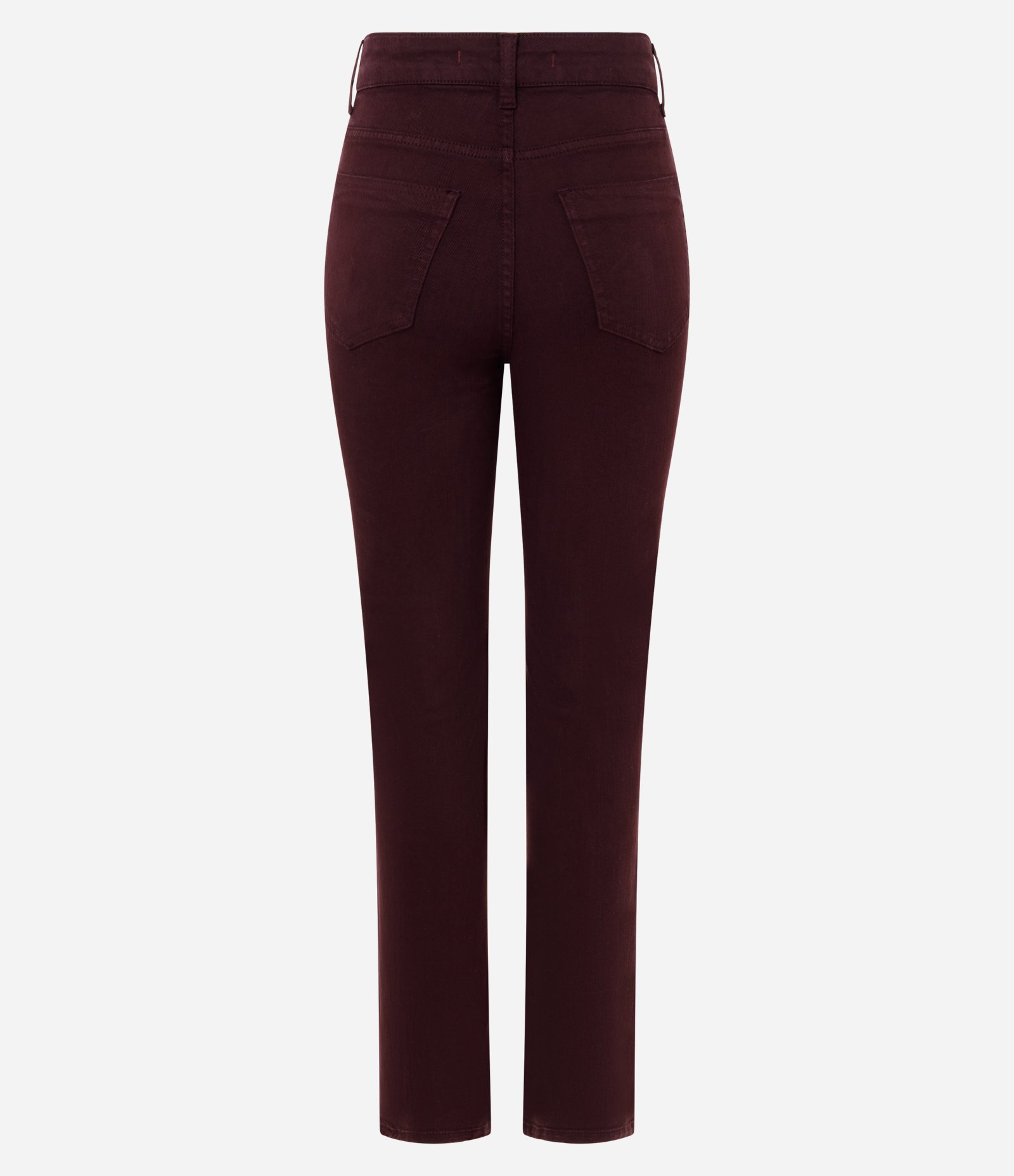 Calça Slim Cintura Média em Jeans com Elastano e Fenda Bordô 6