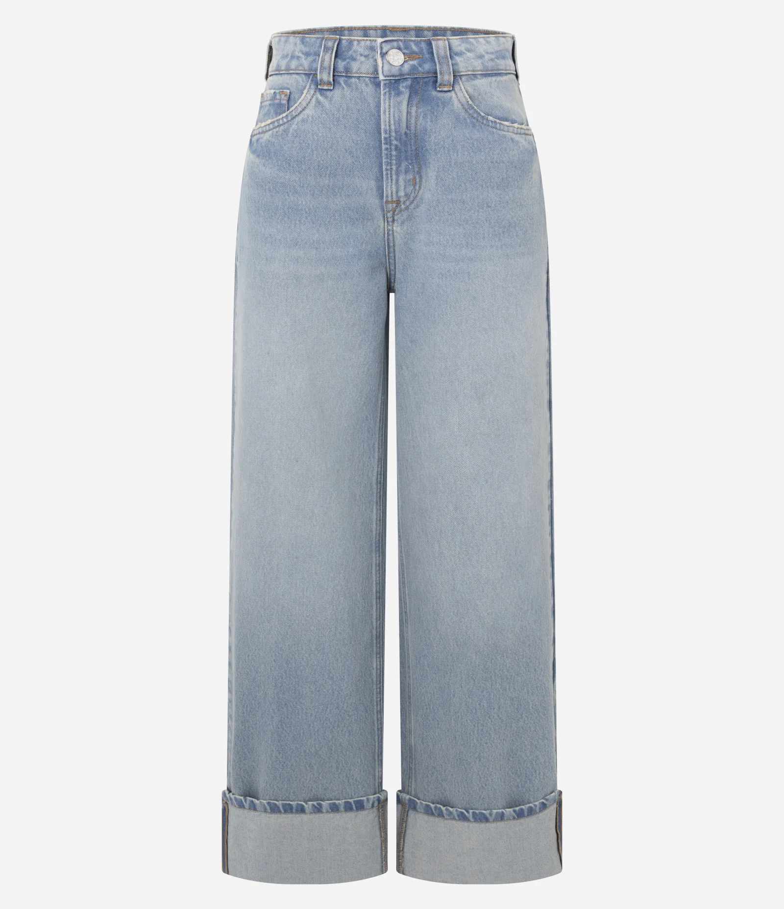 Calça Wide em Jeans com Barra Dobrada e Cintura Alta Azul Claro 2