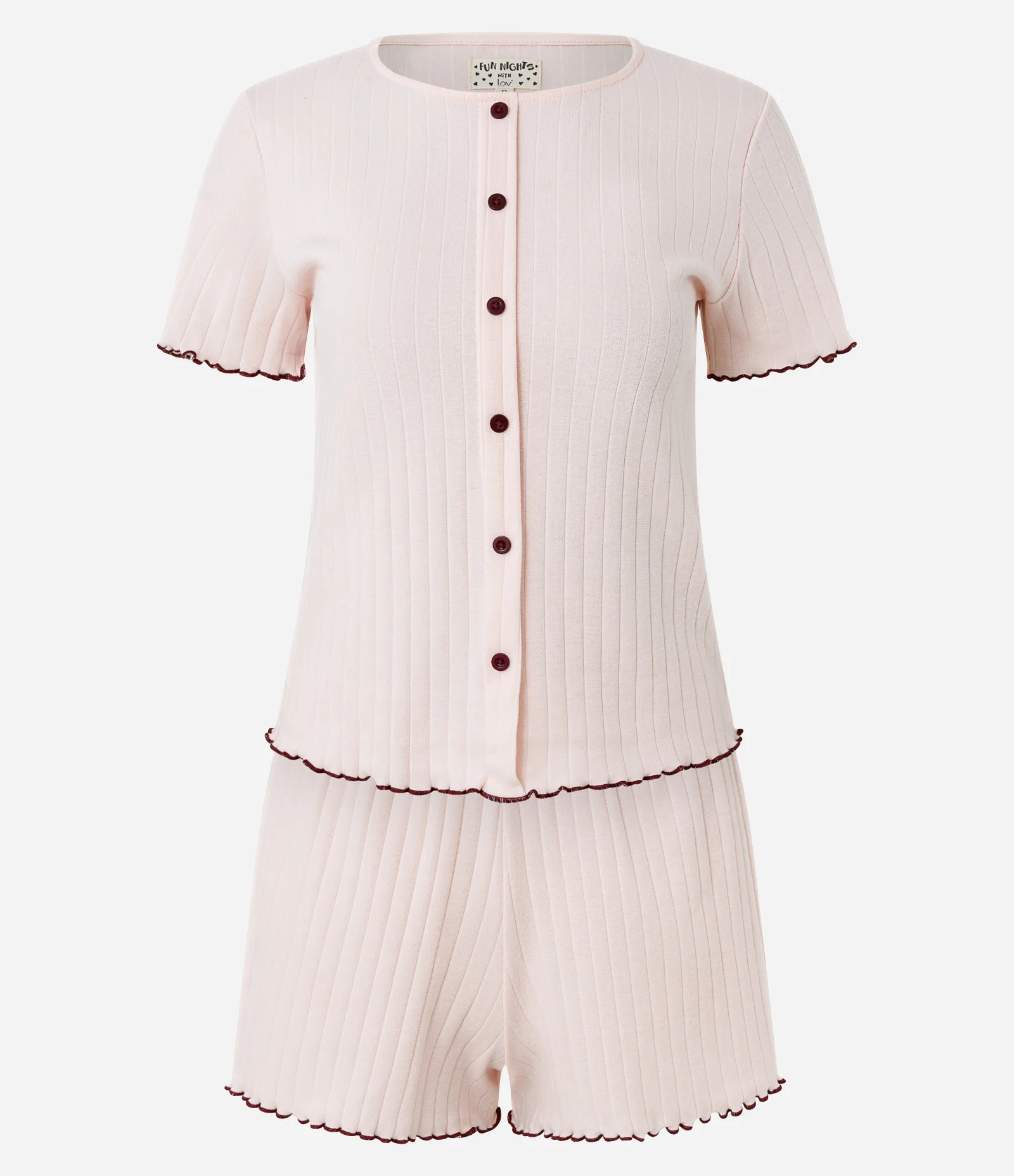 Pijama Curto em Ribana Tricosada com Frufru Contrastante Off White 1