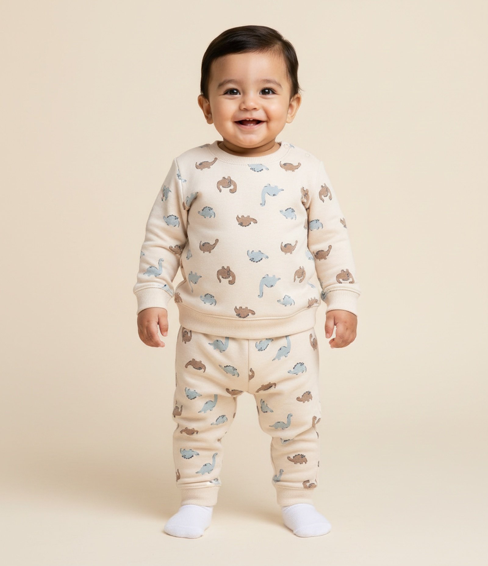 Conjunto Infantil com Casaco Dinossauro e Calça Jogger – Tam RN a 18 Meses Bege Claro 1