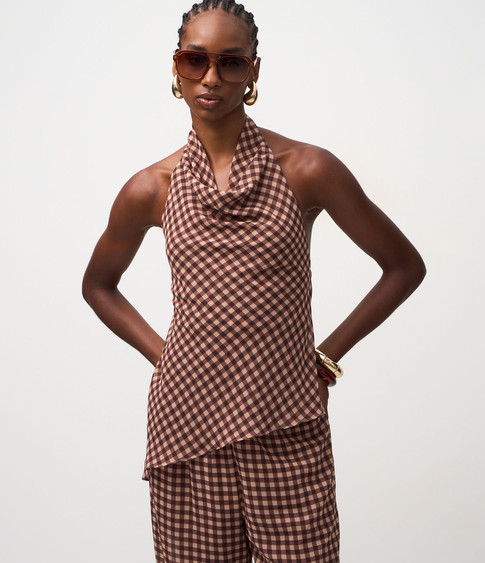 Blusa Frente Única em Chiffon com Estampa Xadrez Vinho 2