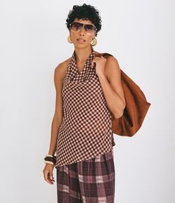 Blusa Frente Única em Chiffon com Estampa Xadrez