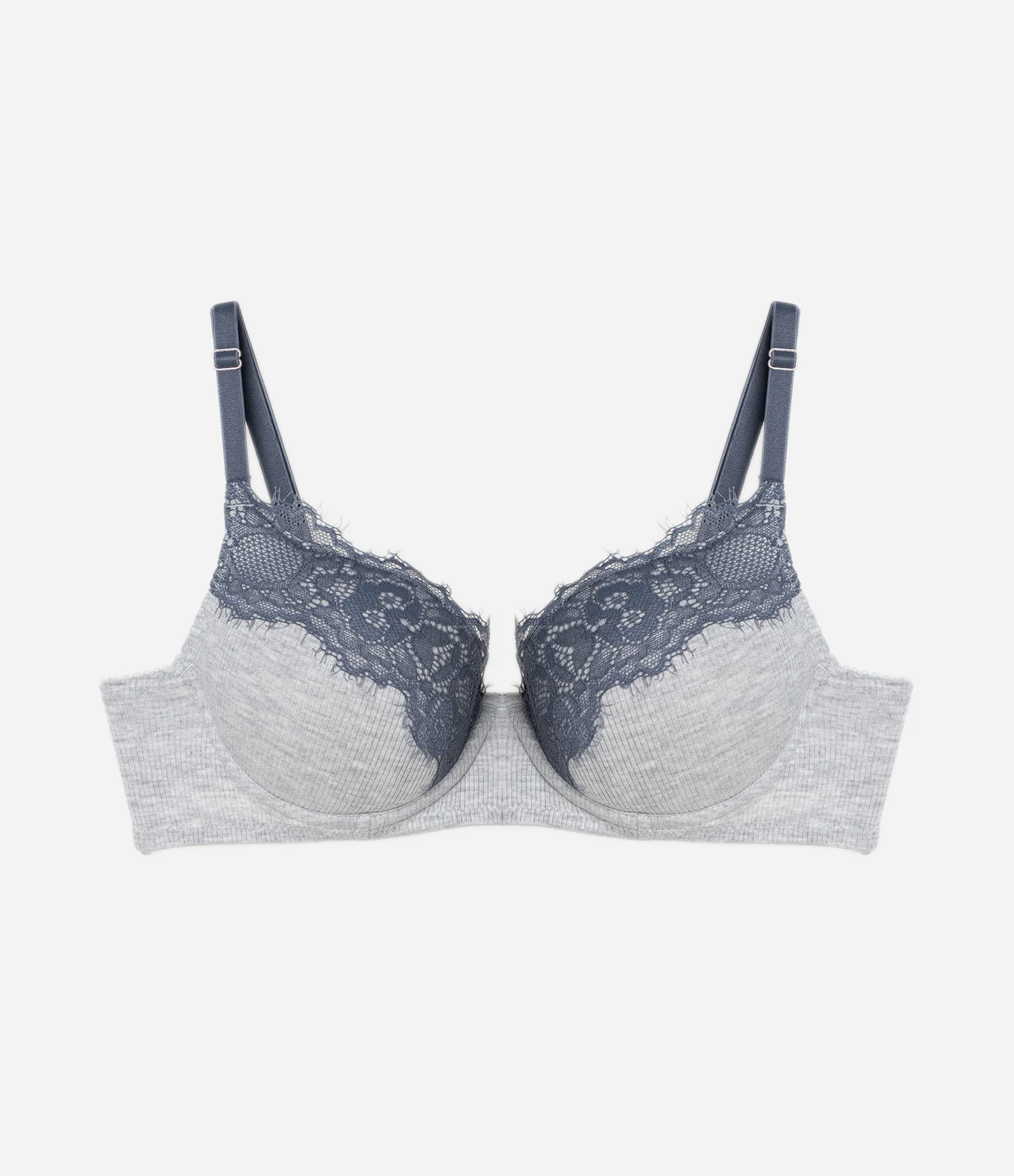 Sutiã Meia Taça com Bojo em Viscose Texturizada e Renda Contrastante Cinza 1