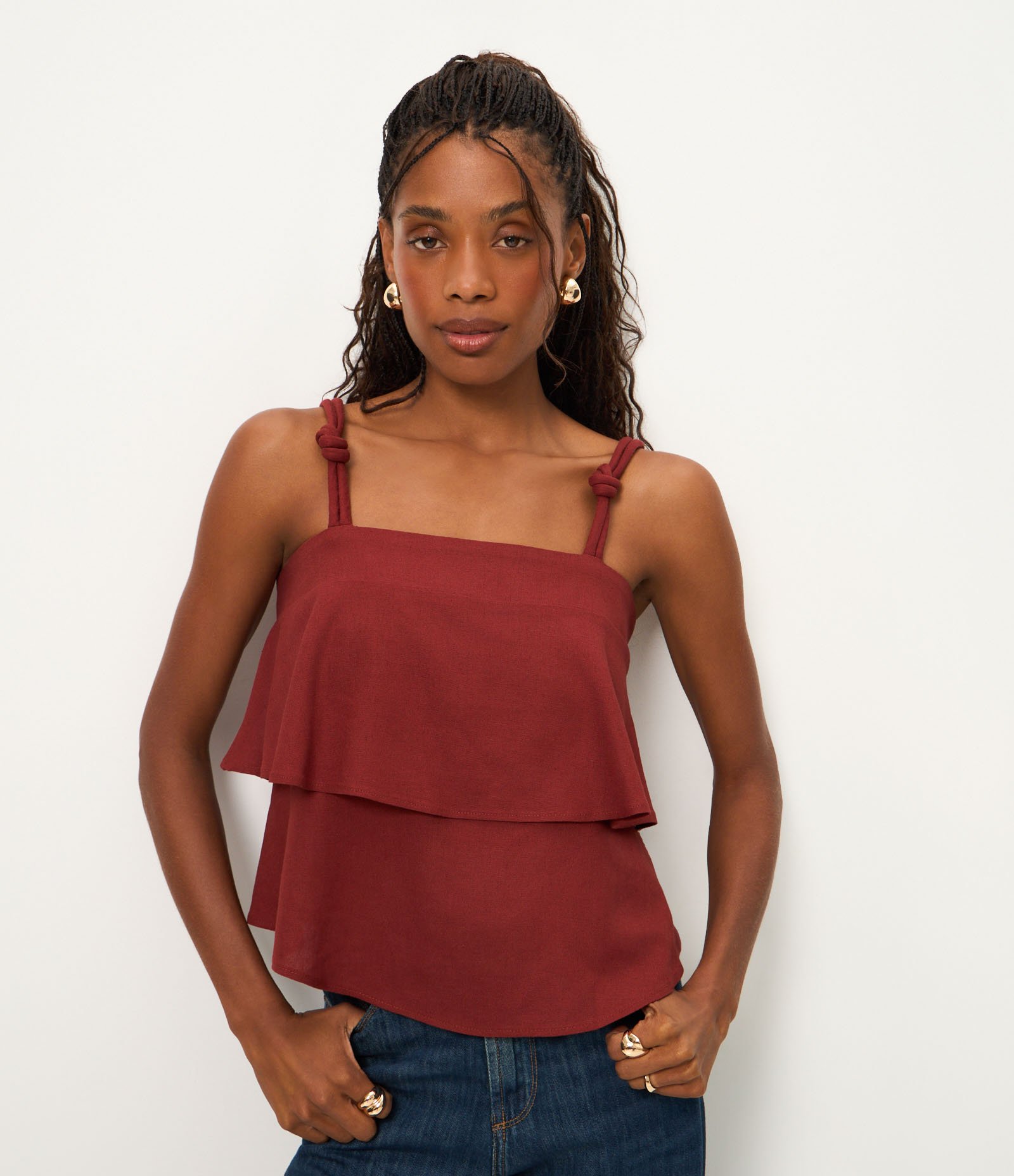 Blusa em Camadas com Detalhe de Nó na Alça Terracota 1