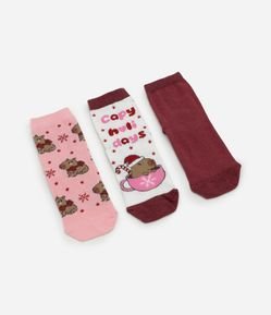 Kit 3 Meias Infantis Malha Capivara Natal - Tam 19 a 34