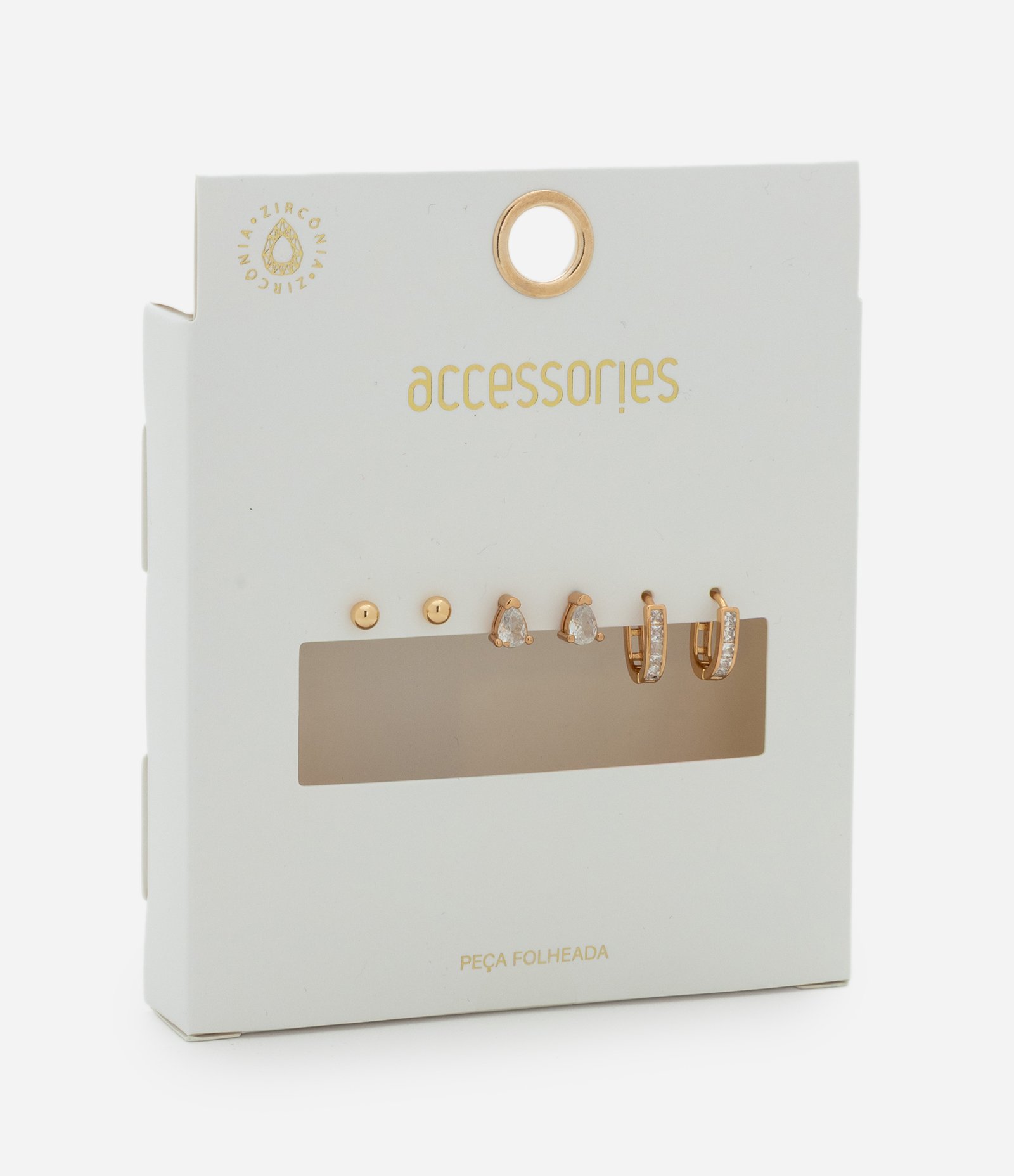 Kit 03 Brincos Metalizados com Zircônia Dourado 3