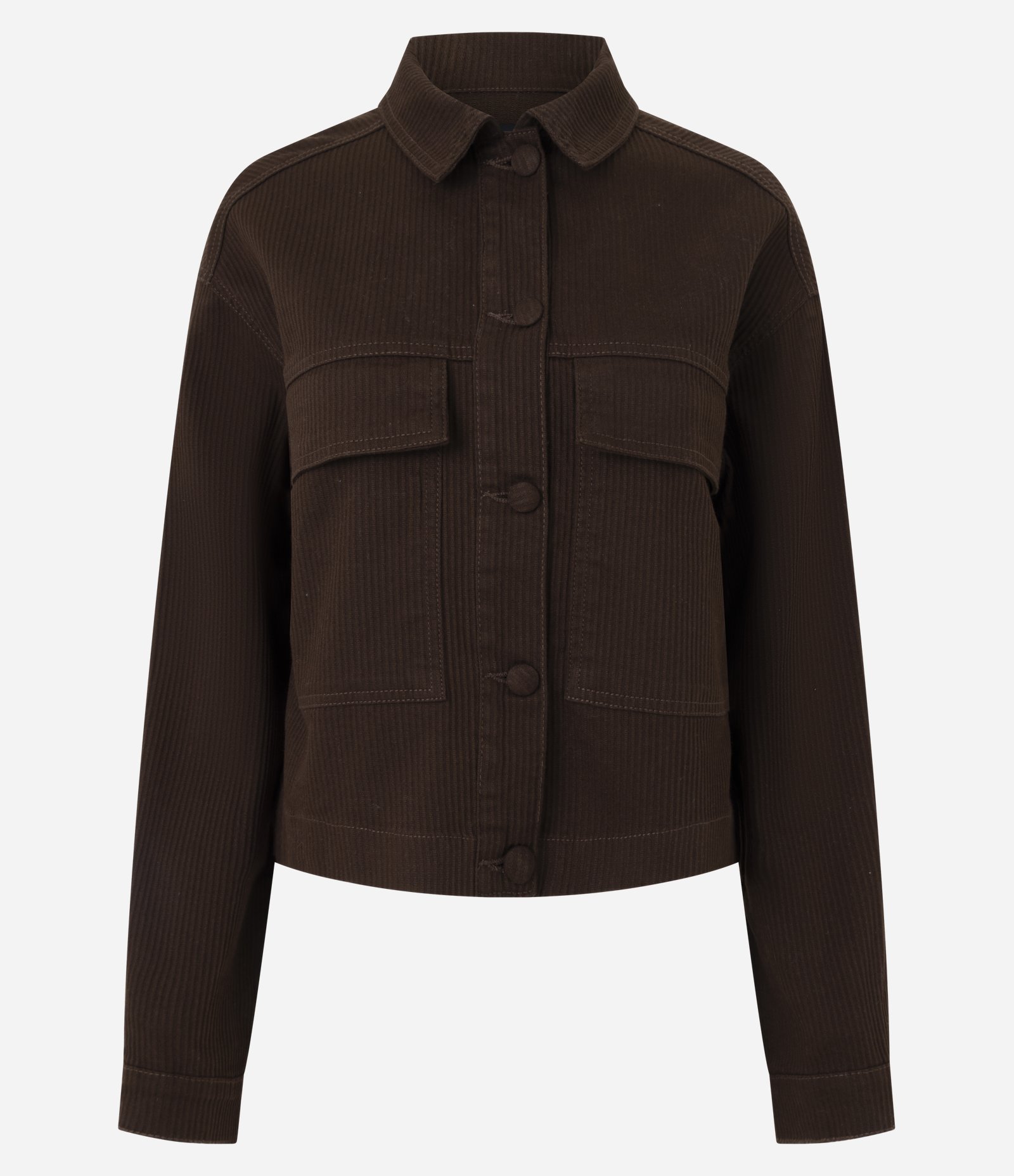 Jaqueta em Sarja Canelada com Gola Padre e Bolsos de Lapela Marrom Escuro 1