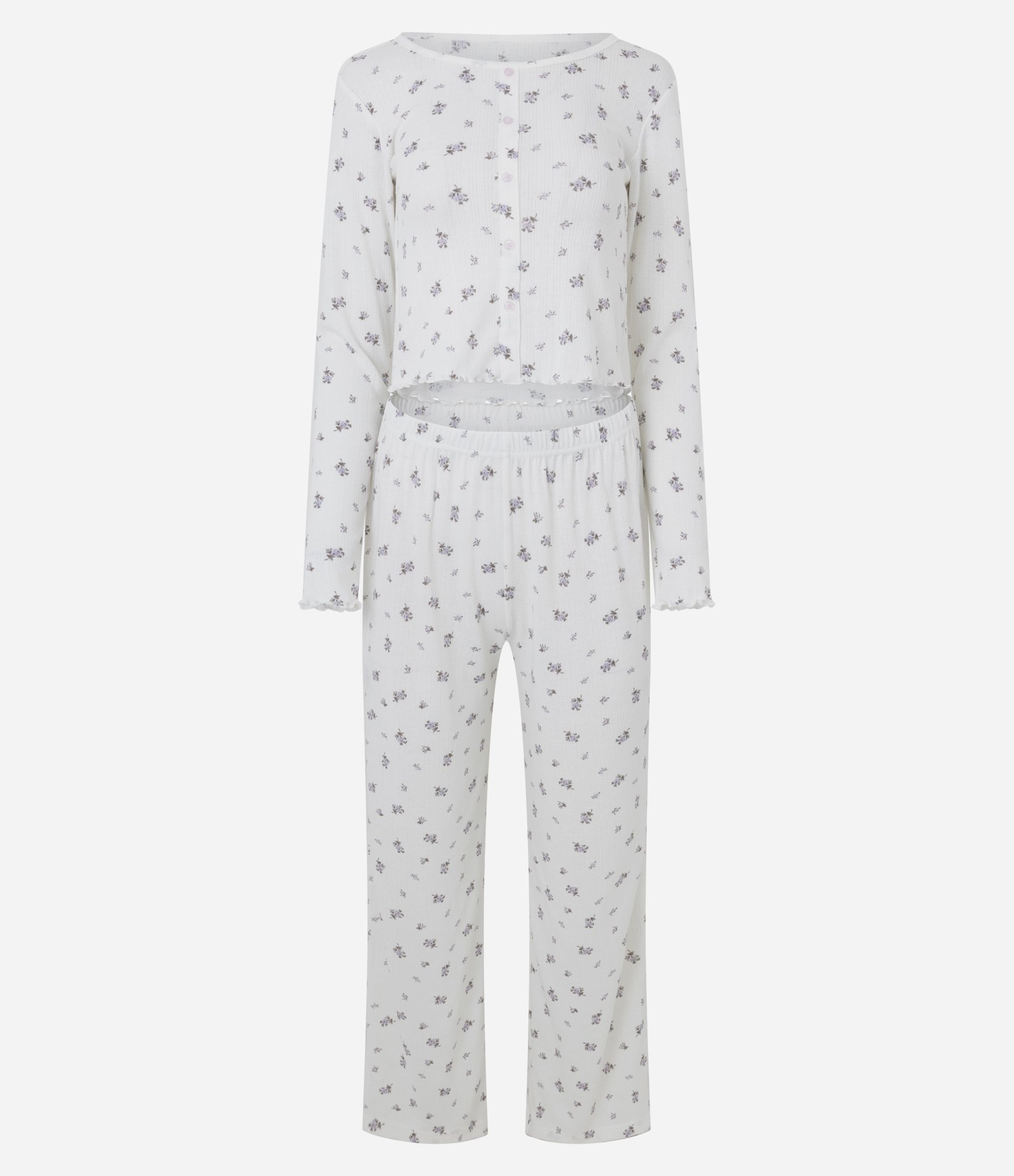Pijama Longo em Tricô com Estampa de Flores Branco/Lilás 1