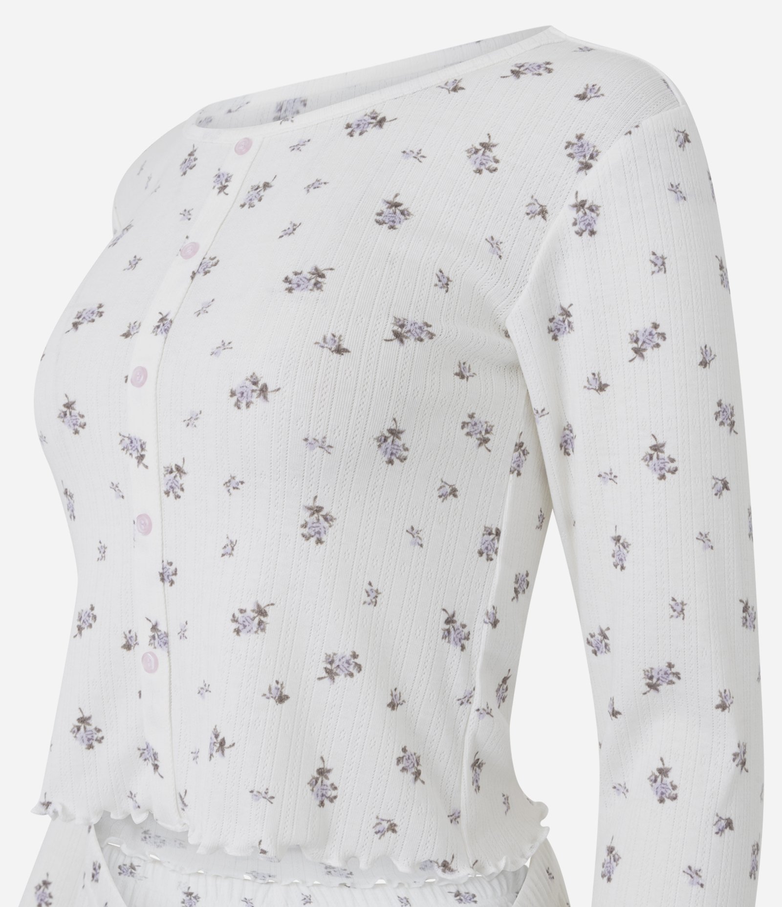 Pijama Longo em Tricô com Estampa de Flores Branco/Lilás 3