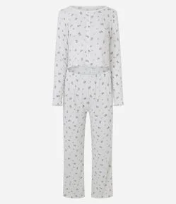 Pijama Longo em Tricô com Estampa de Flores